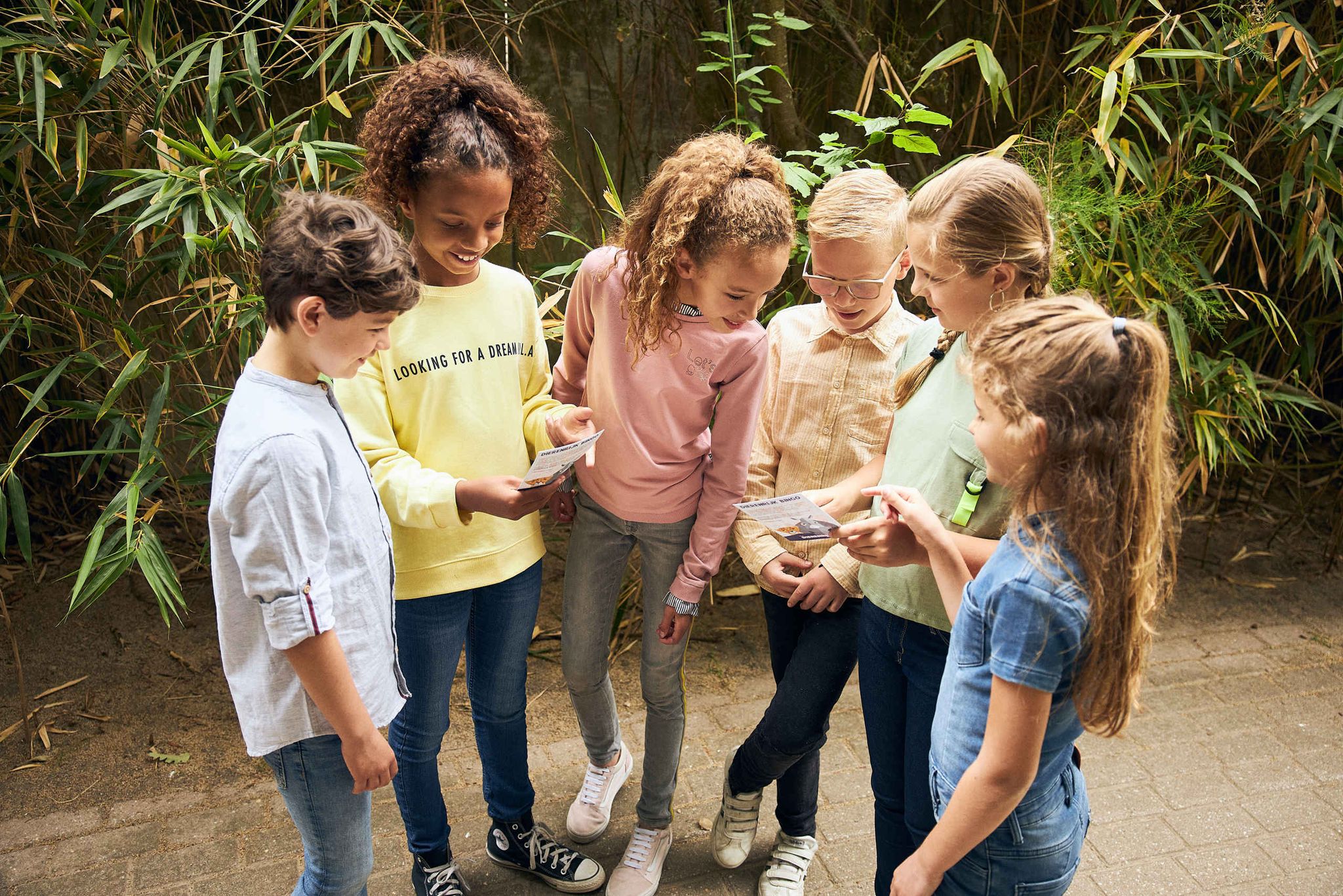 Een groep kinderen bekijkt samen de parkbingo bij Eindhoven Zoo