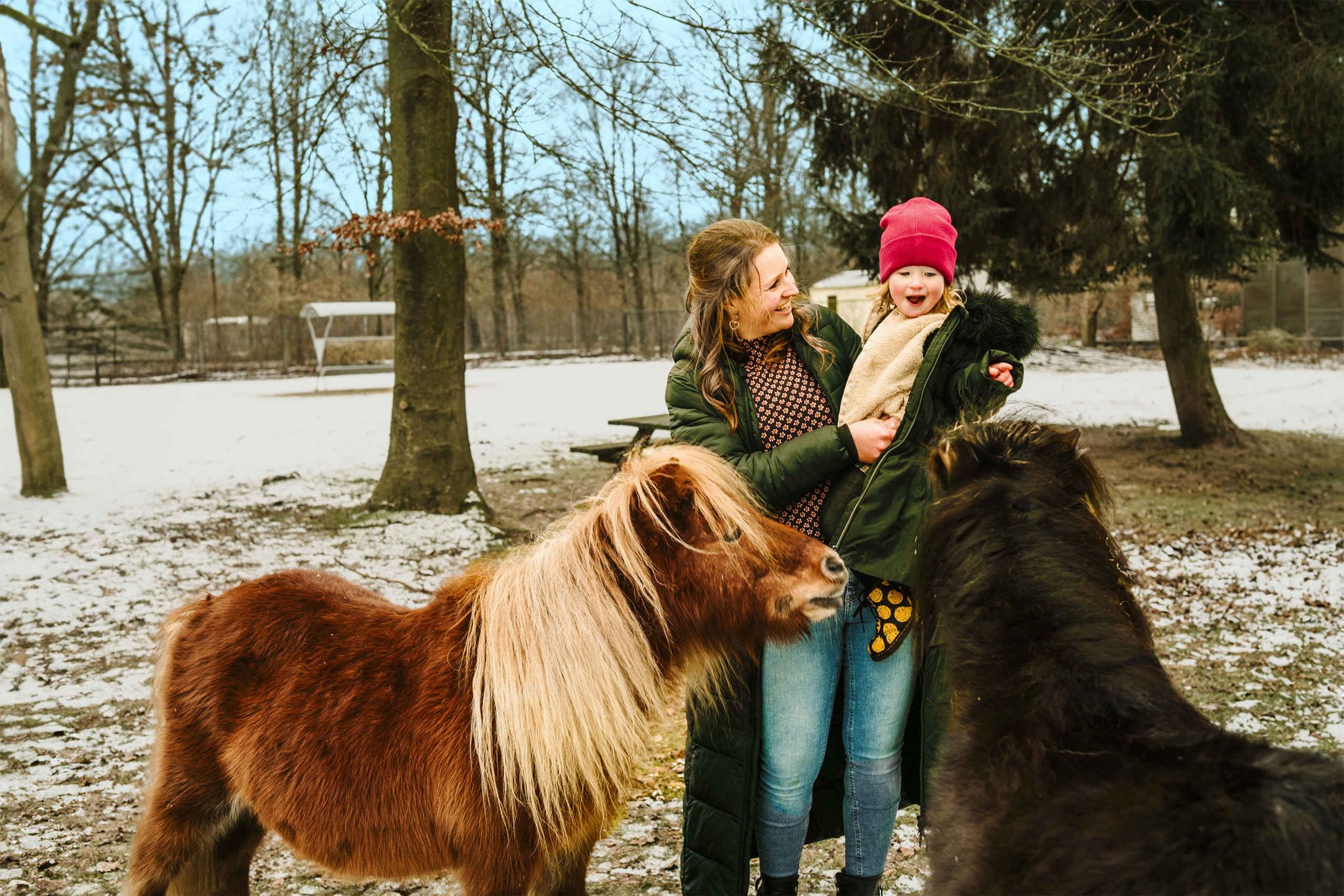 Een vrouw en haar dochter kijken bij de pony's bij Vakantiepark Dierenbos.
