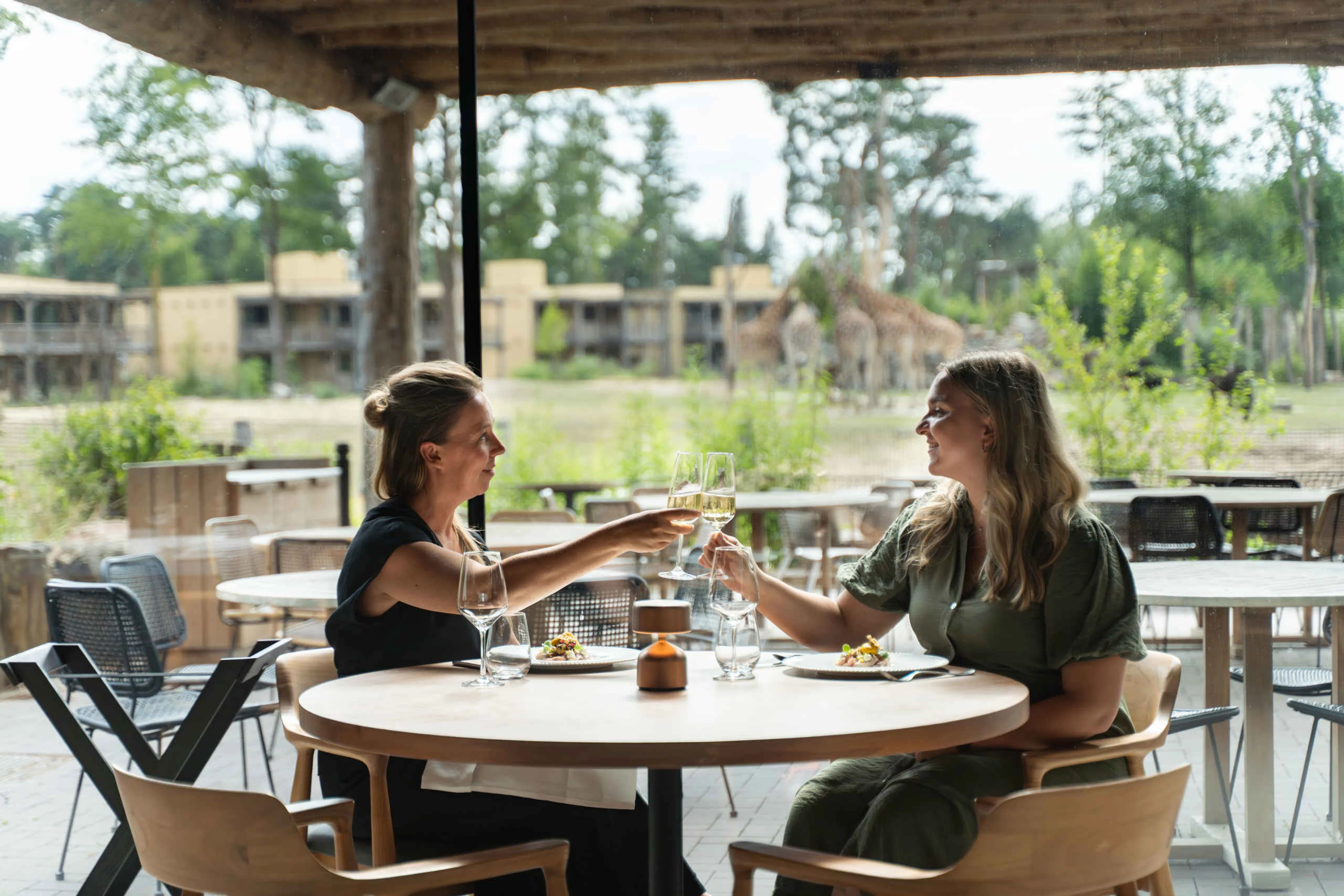 Twee collega's proosten met een glas wijn op het terras aan de savanne met giraffen bij Bar & Restaurant Nommos.