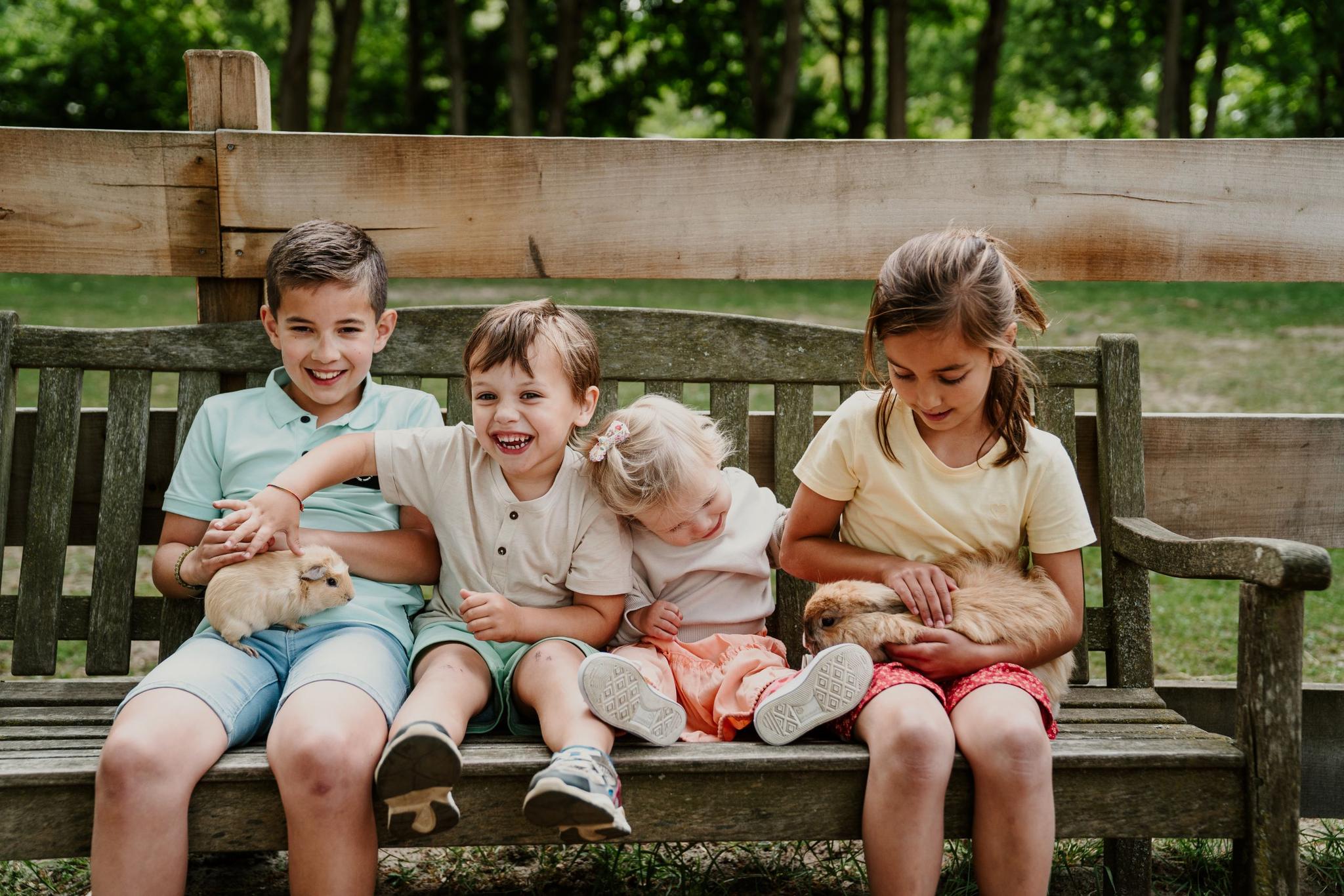 Vier kinderen zitten op een bankje en aaien een konijn en een cavia bij Vakantiepark Dierenbos.
