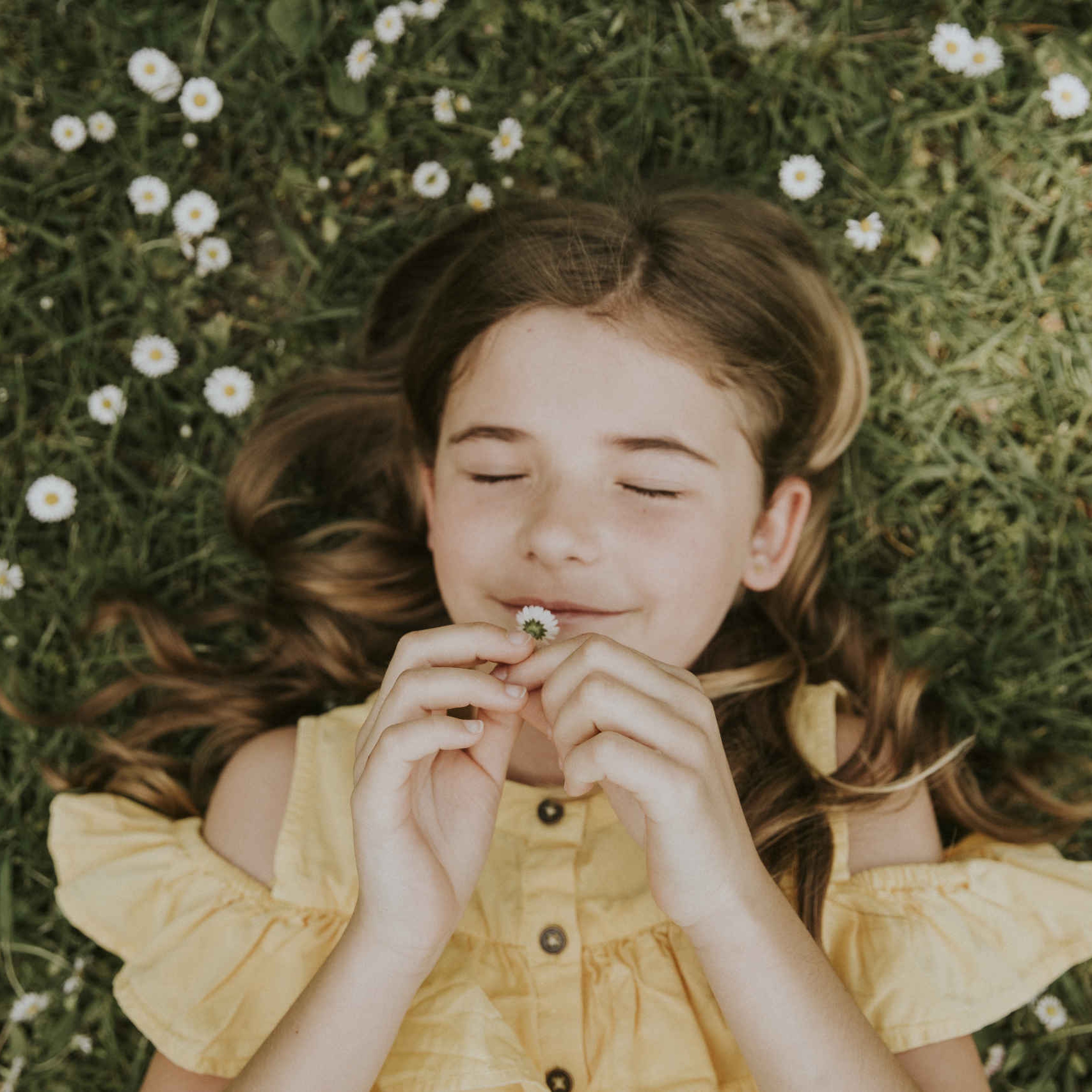 Meisje in het gras tussen de madeliefjes op Vakantiepark Dierenbos