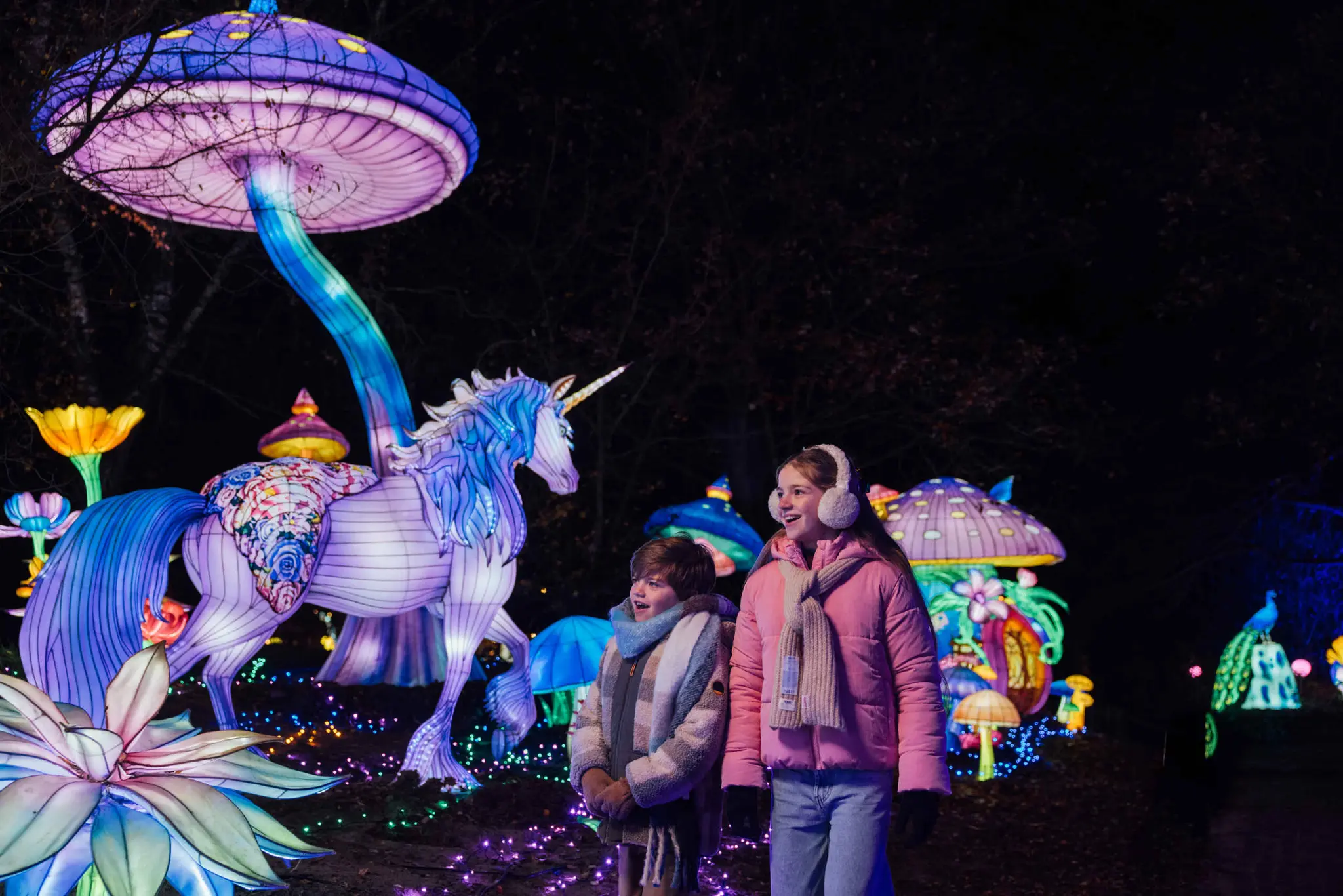 Kinderen bij unicorn lichtfiguren tijdens Light Safari Beekse Bergen