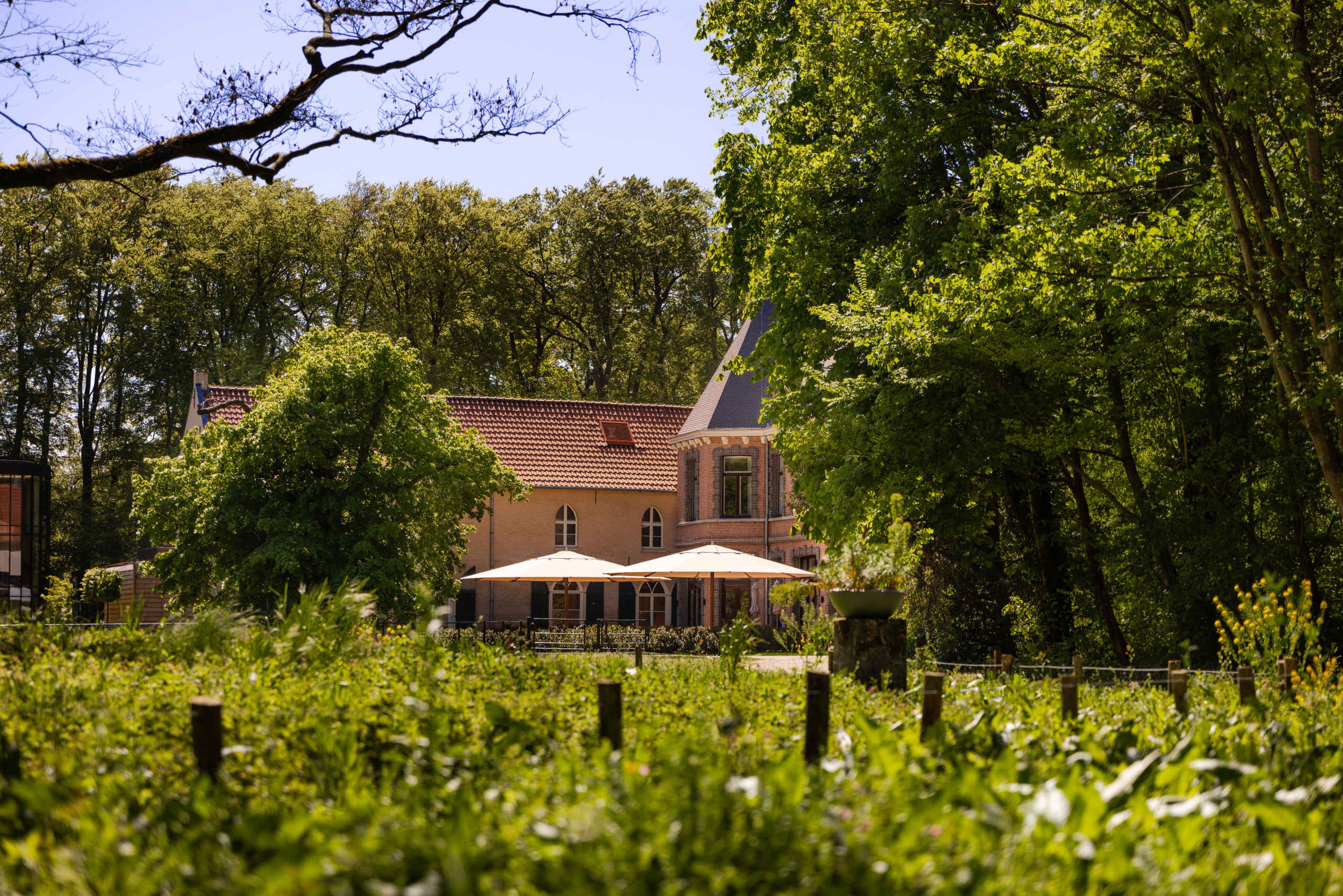 Uitzicht op het kasteel vanaf de tuin Kasteel Steenenburg