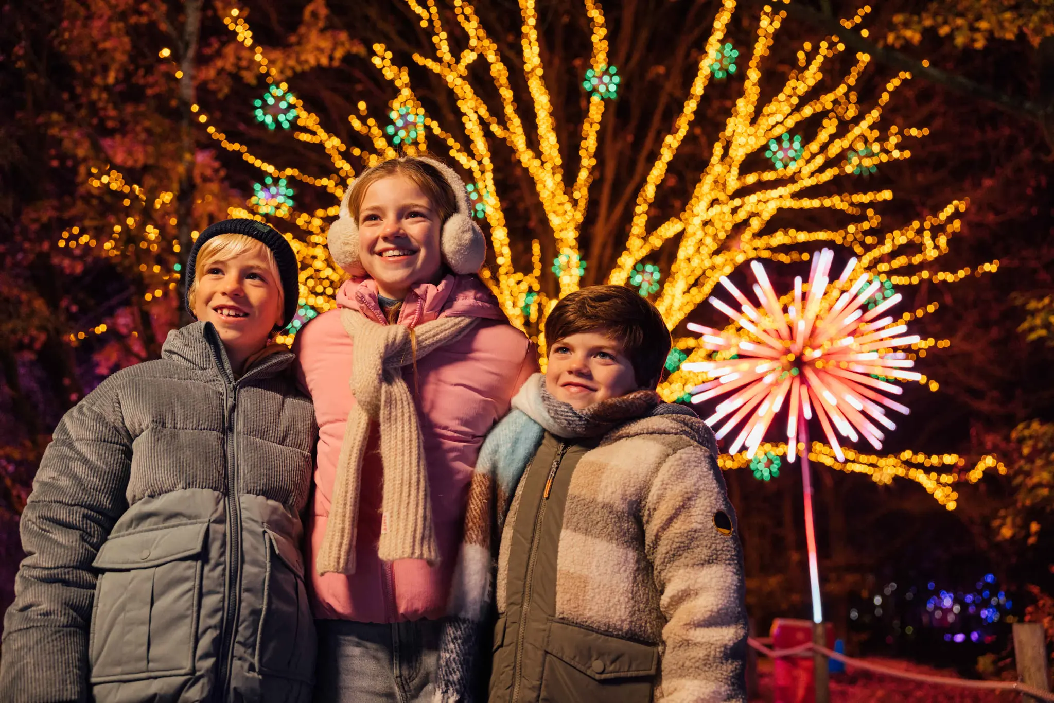Kinderen bij boom vol lichtjes tijdens Light Safari Beekse Bergen
