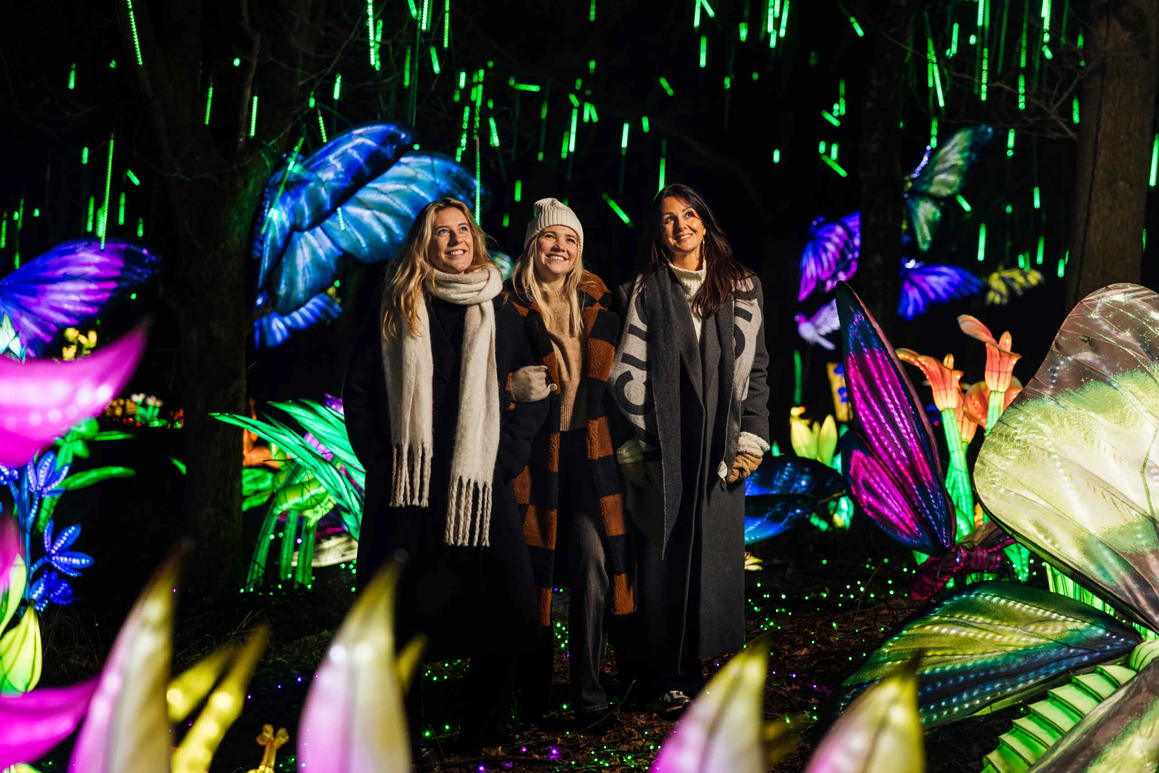 Drie vrienden wandelen bij Light Safari Beekse Bergen.