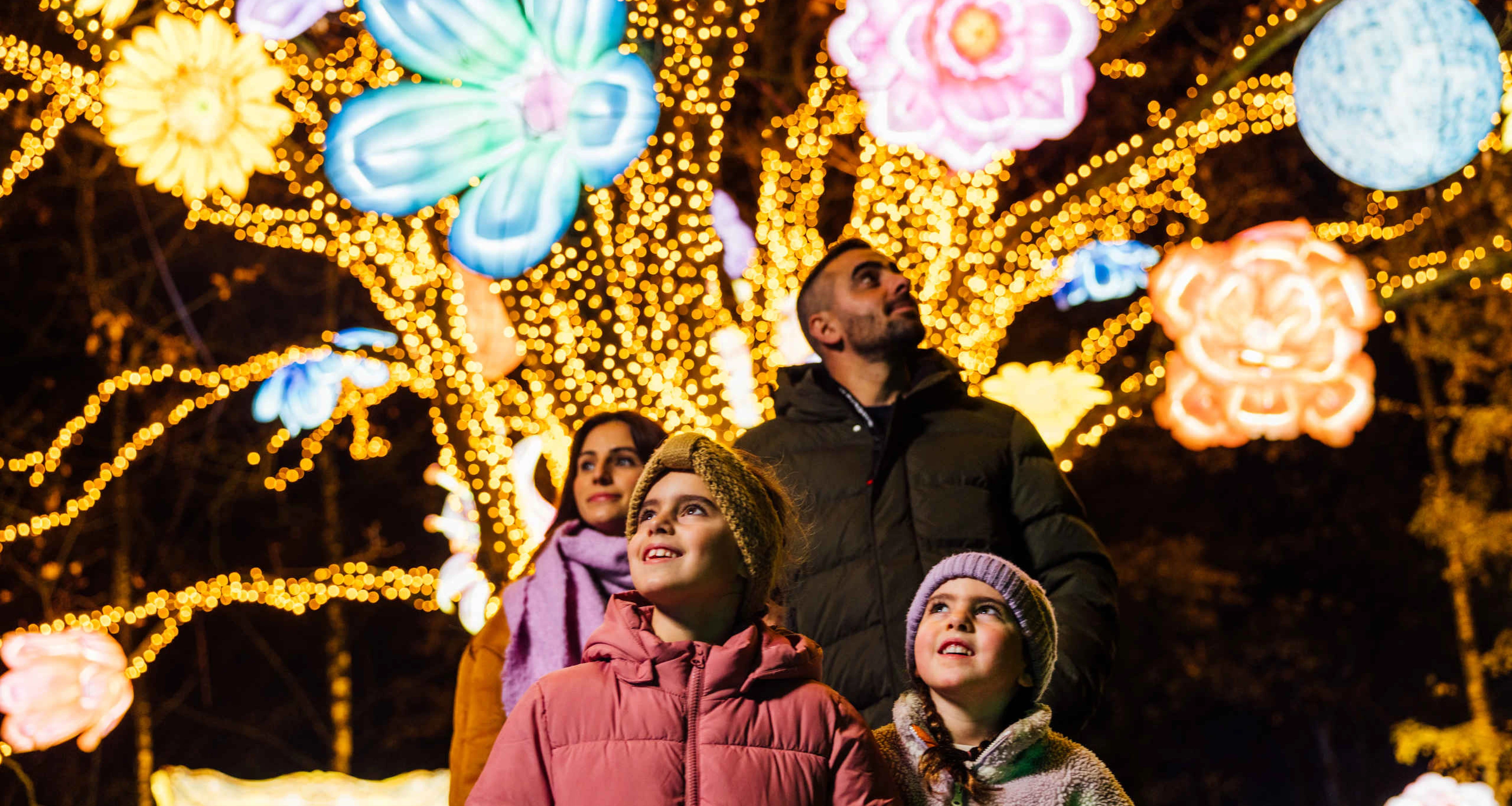 Een gezin staat bij een boom vol lampjes en lichtsculpturen van bloemen bij Light Safari in Safaripark Beekse Bergen.