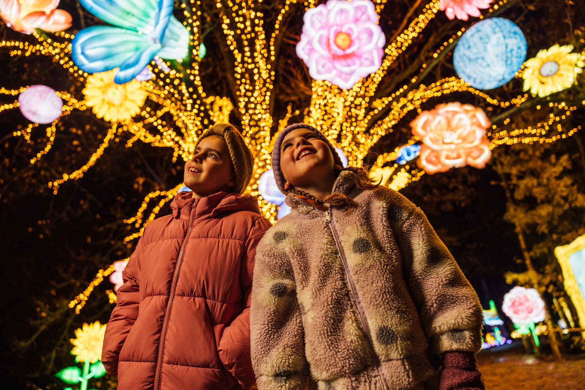Meisjes bij boom vol lichtjes tijdens Light Safari Beekse Bergen