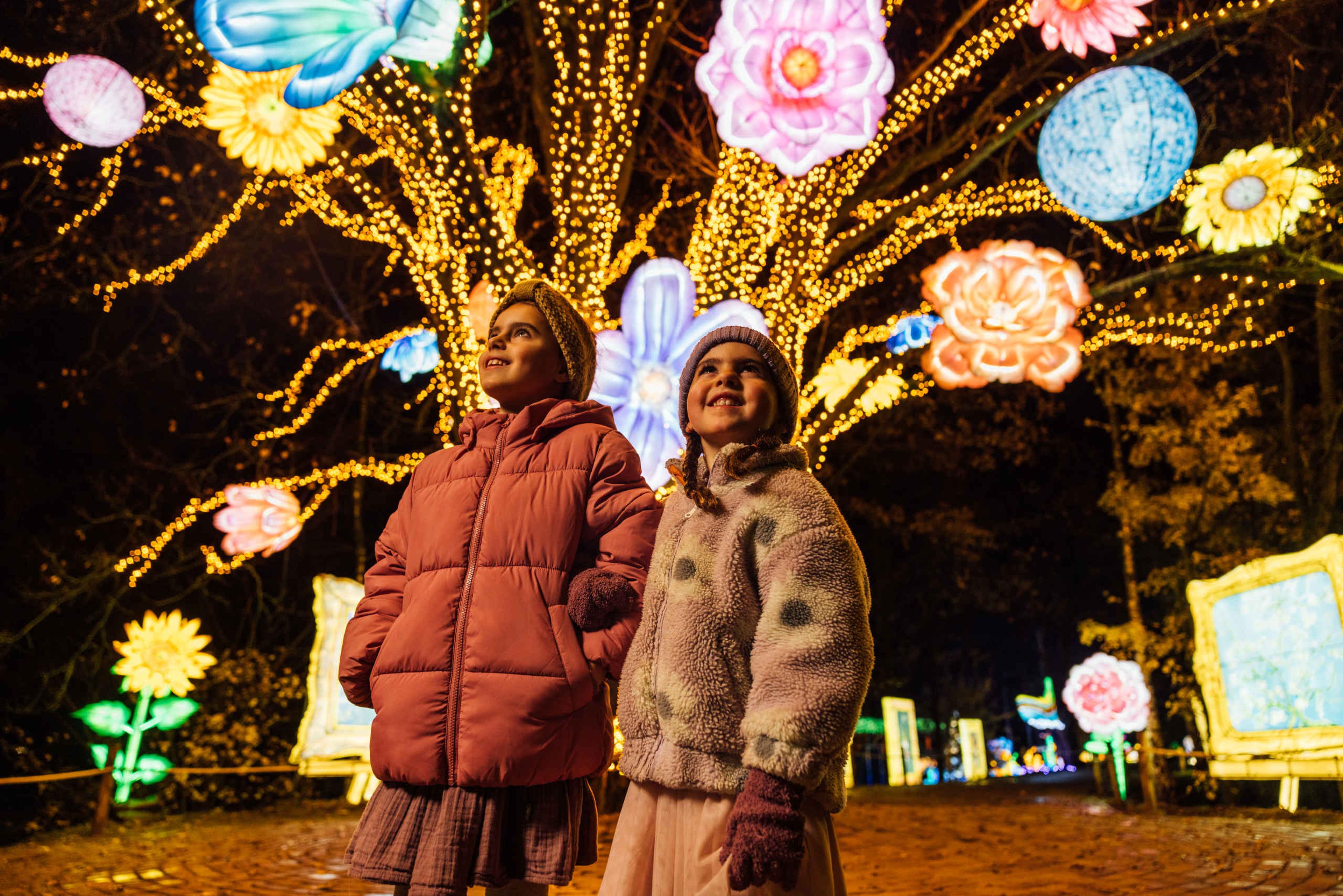 Twee meisjes kijken naar de boom met lampjes bij Light Safari in Safaripark Beekse Bergen, te bezoeken met de attractiepas van Vakantiepark Dierenbos.