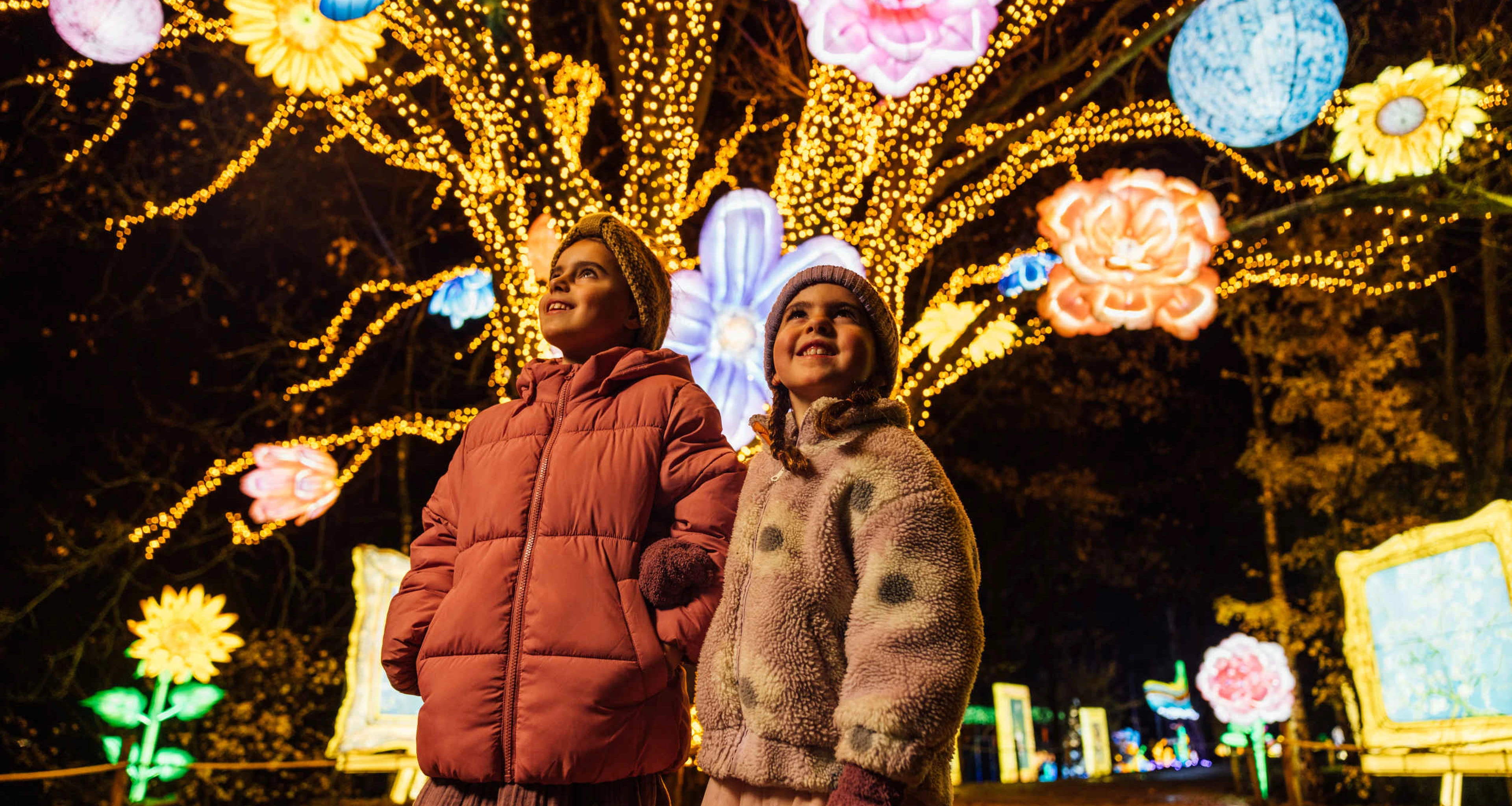 Twee meisjes kijken naar de boom met lampjes bij Light Safari in Safaripark Beekse Bergen, te bezoeken met de attractiepas van Vakantiepark Dierenbos.