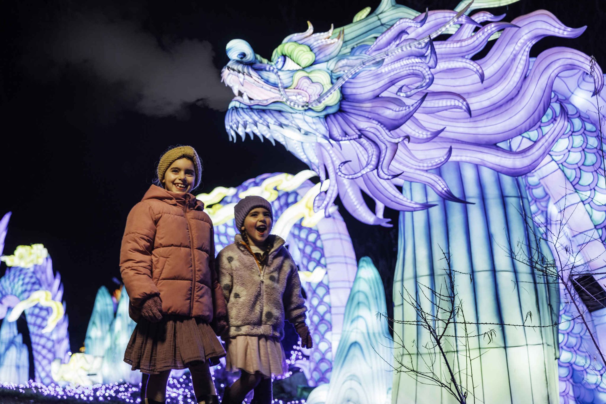 Twee meisjes staan bij een lichtsculptuur van een draak bij Light Safari in Safaripark Beekse Bergen.