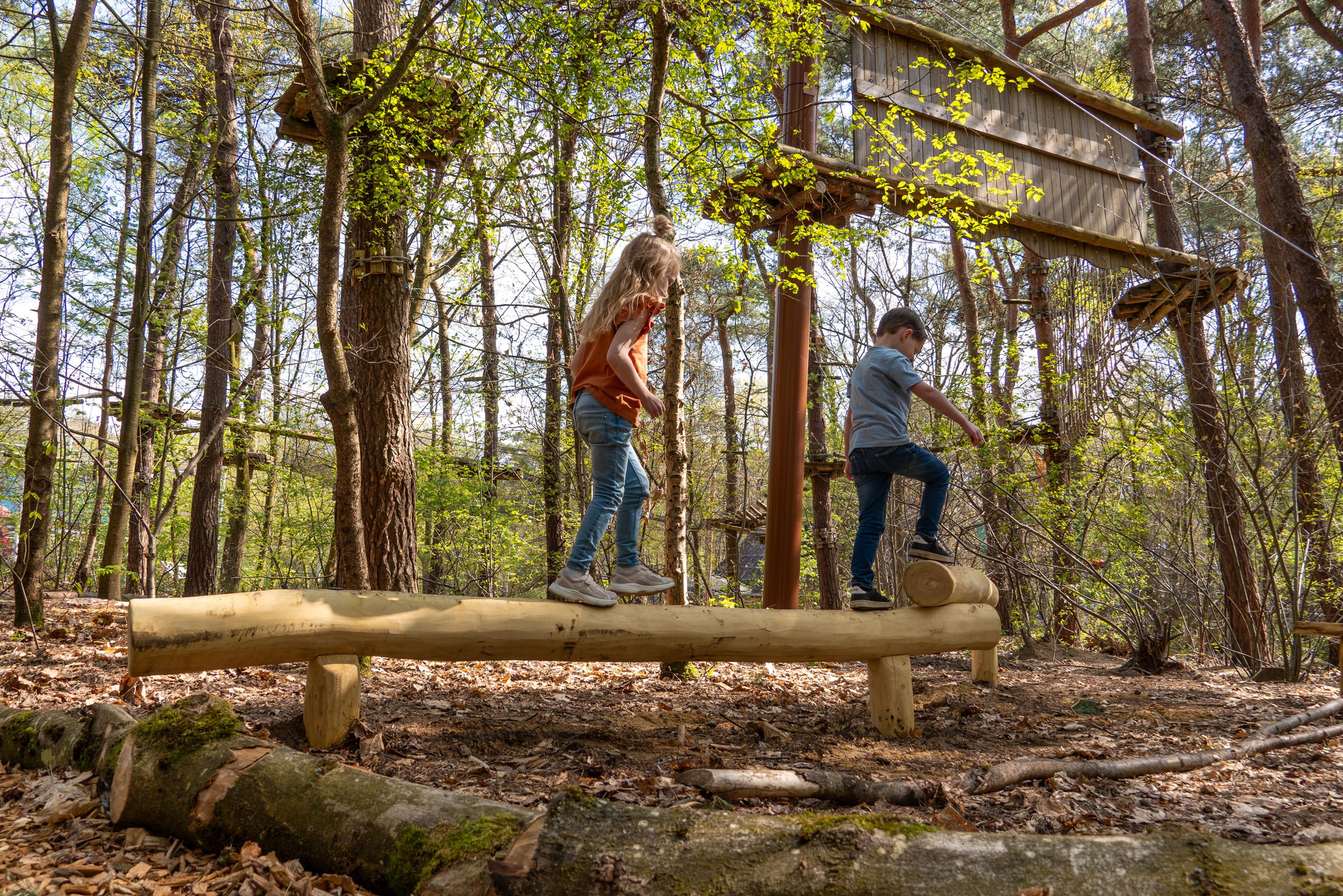 Een jongen en meisje balanceren over het Low Rope Parcours in Klimrijk Brabant