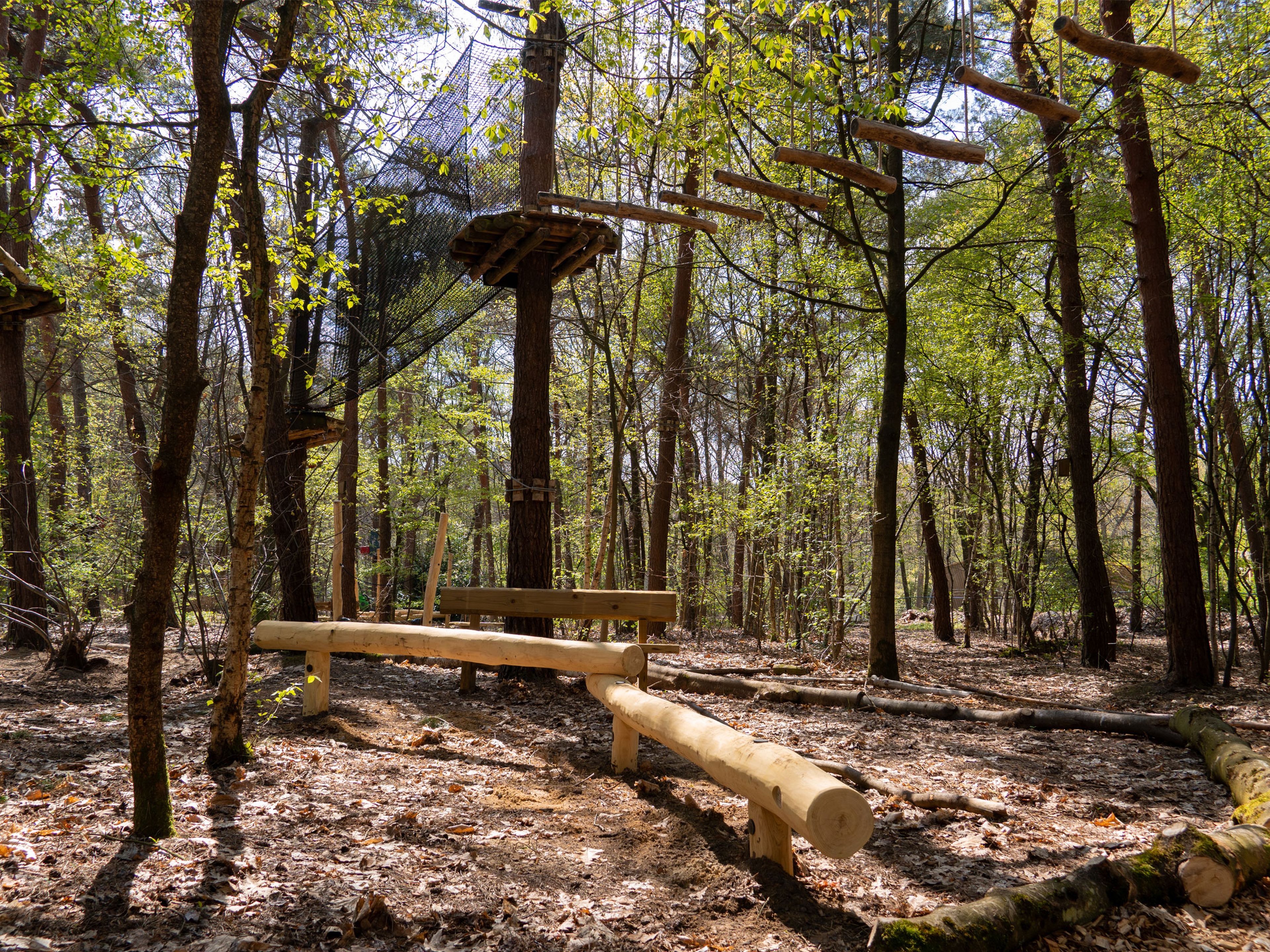 De balken van het Low Rope Parcours bij Klimrijk Brabant