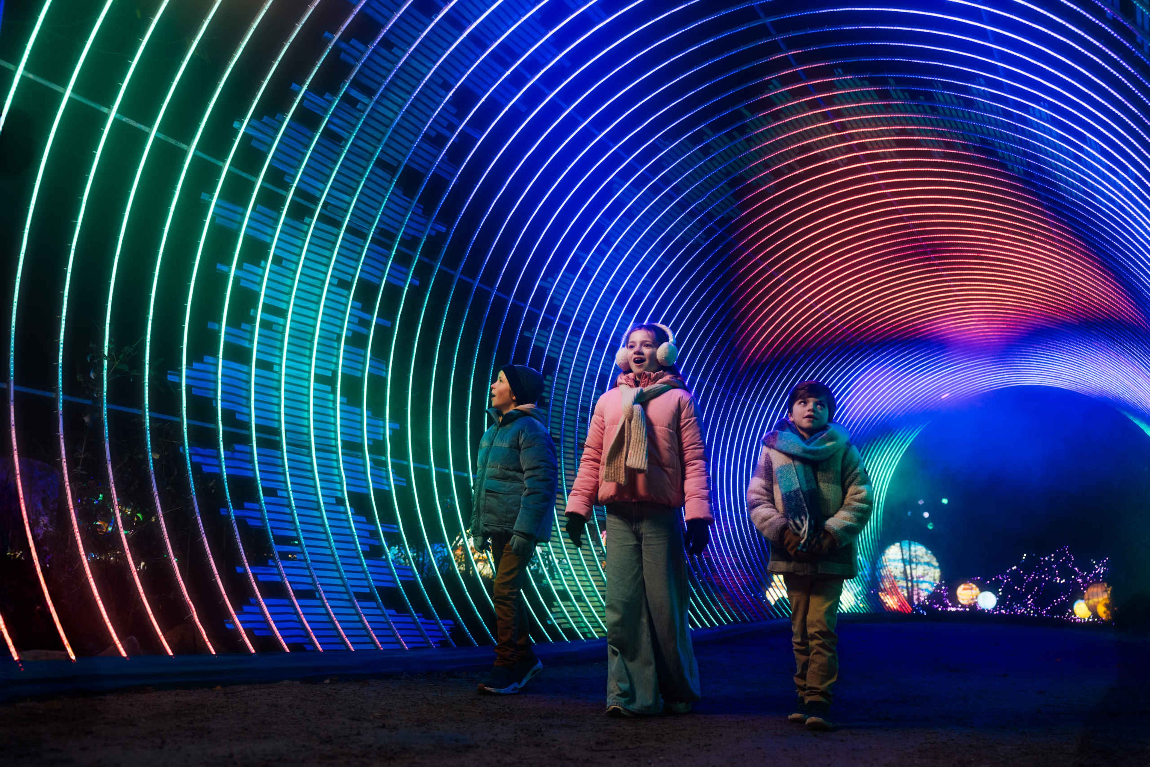 Drie kinderen lopen door een tunnel tijdens de Light Safari in Safaripark Beekse Bergen