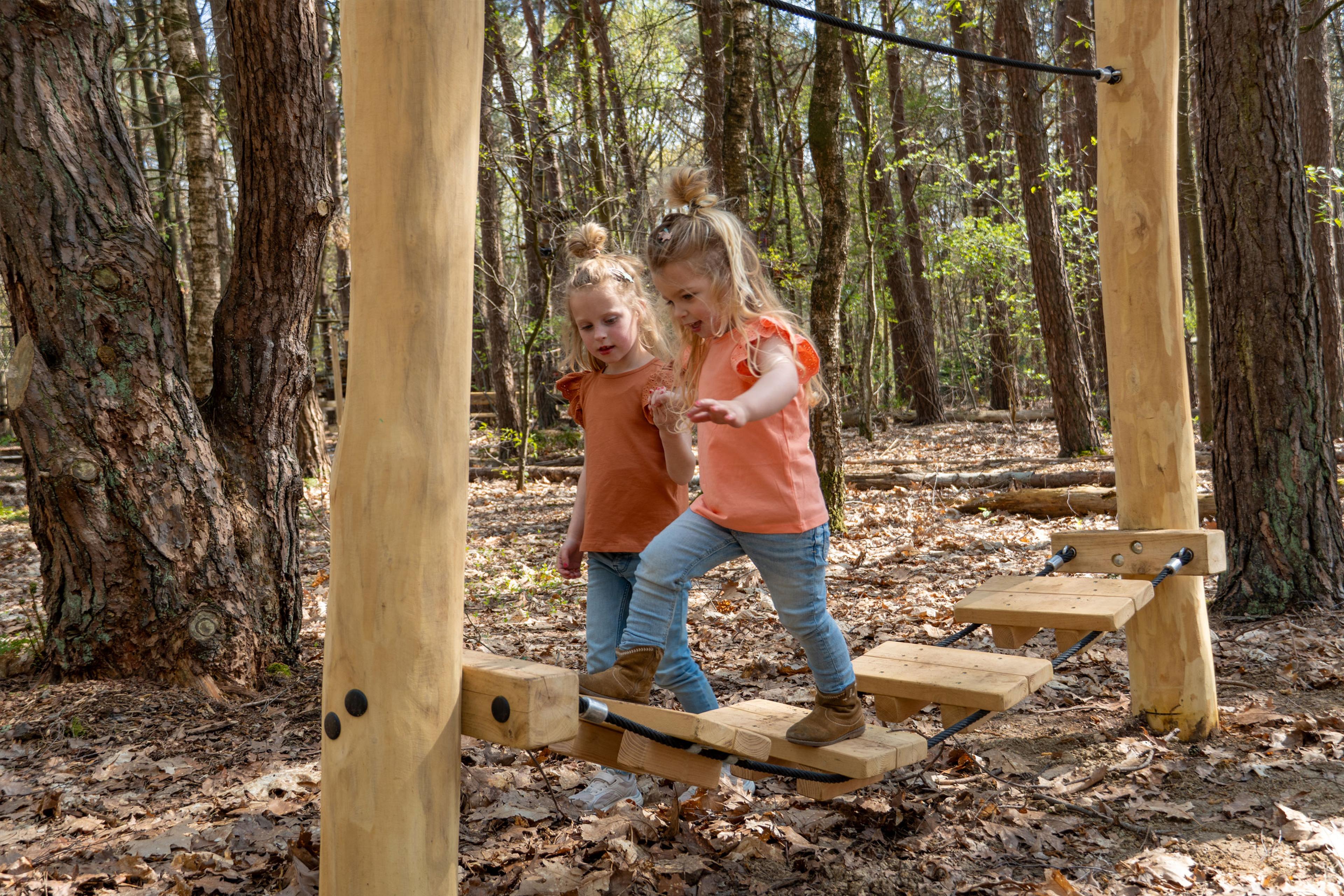 Een meisje helpt een kleiner meisje op het Low Rope Parcours bij Klimrijk Brabant