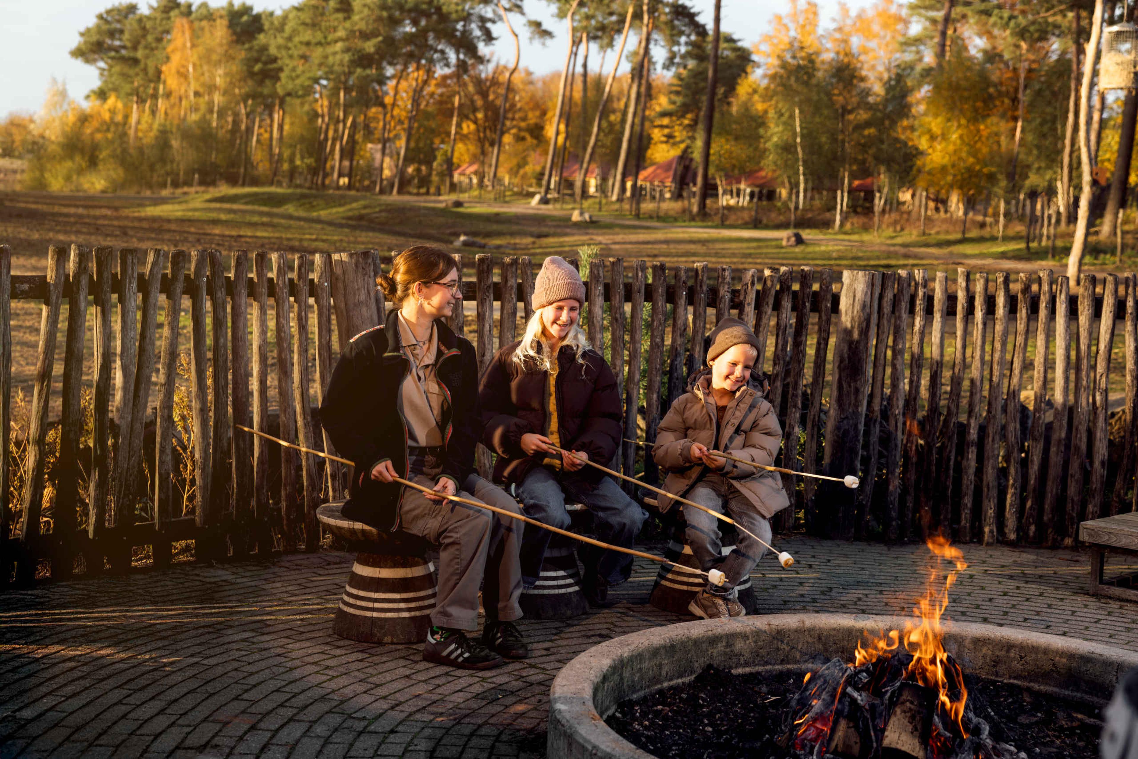 Ranger van animatie maakt marshmallows bij het kampvuur op Safari Resort Beekse Bergen