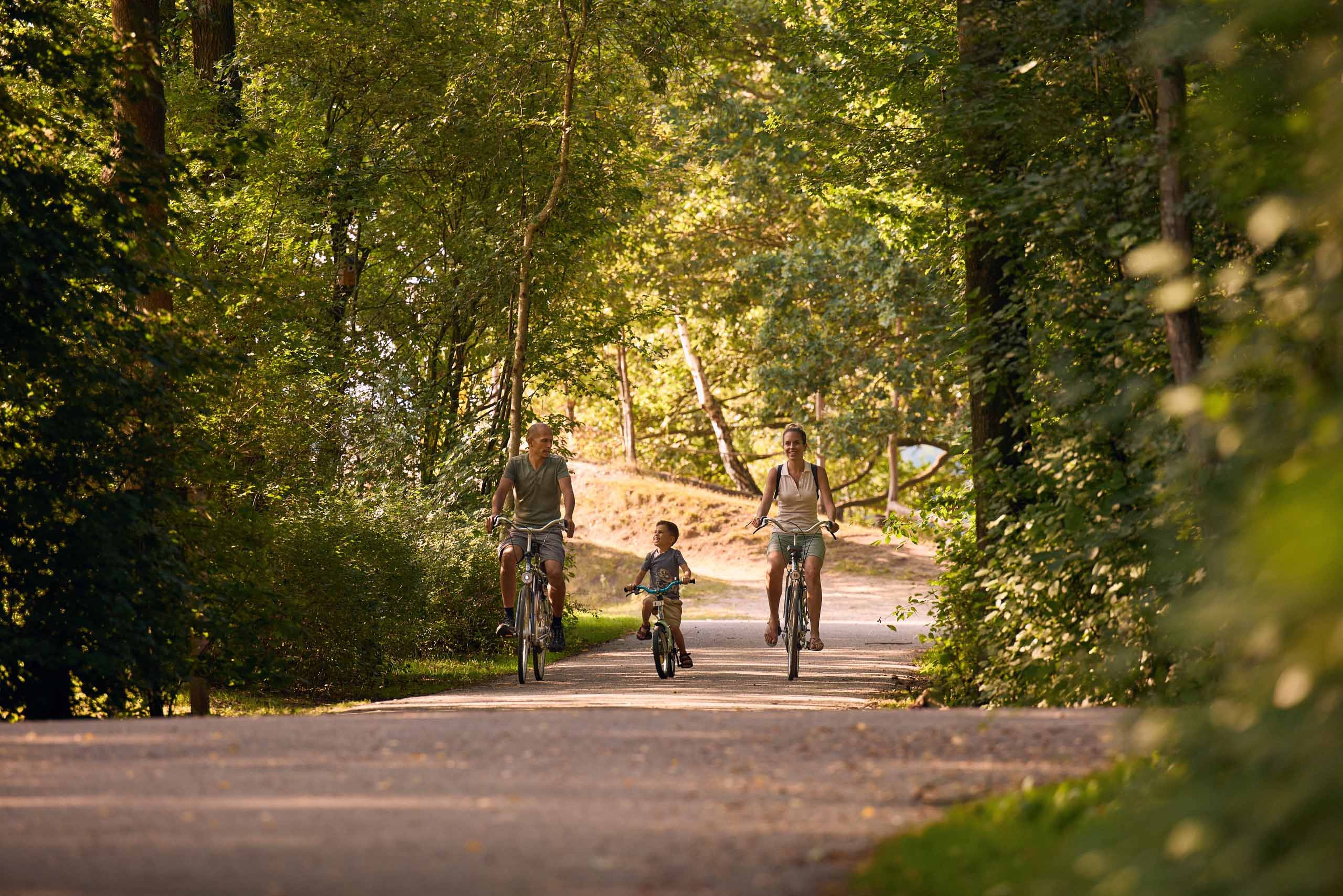 Gezin aan het fietsen in de bossen bij Vakantiepark Dierenbos