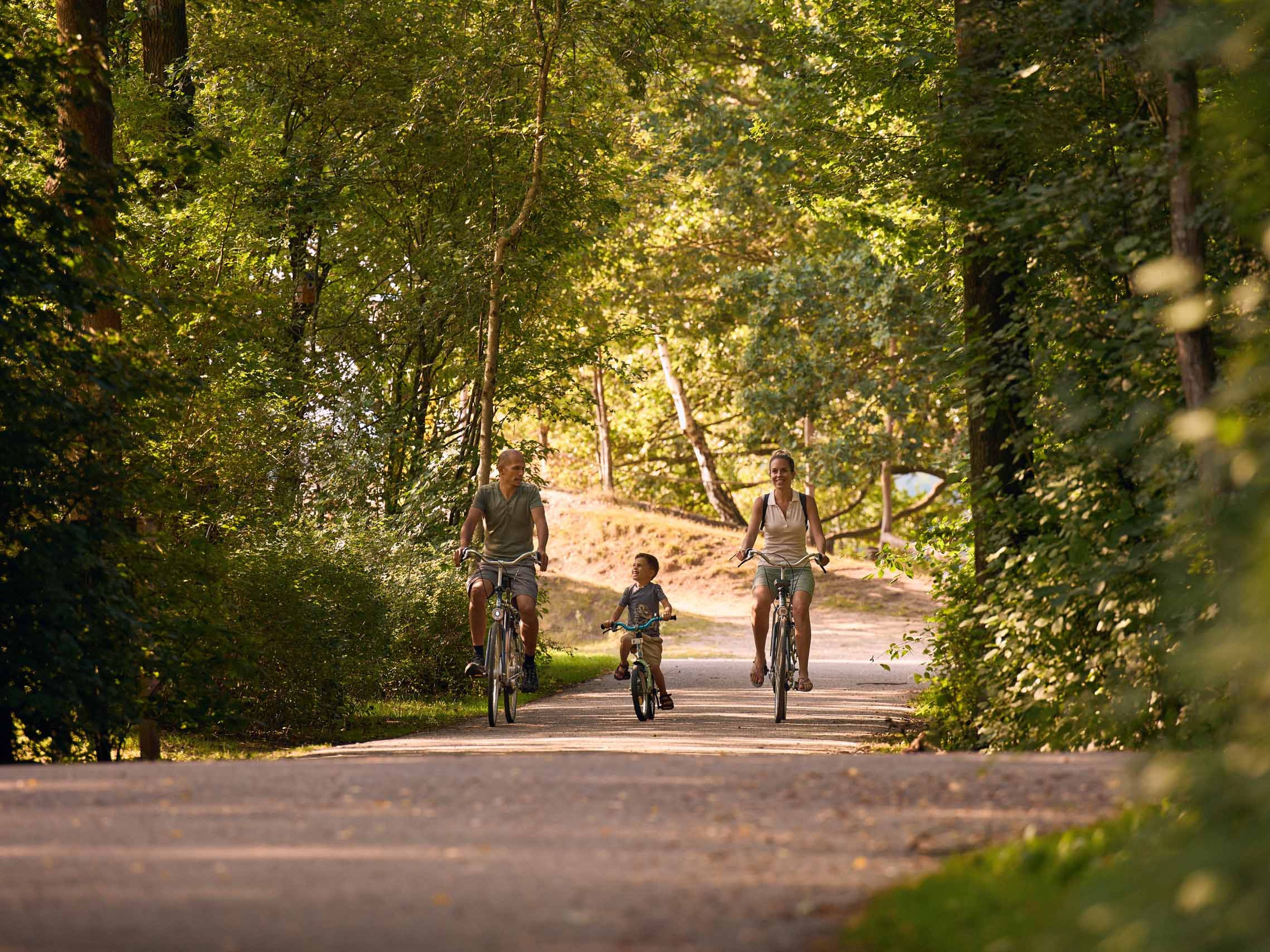 Gezin aan het fietsen in de bossen bij Vakantiepark Dierenbos