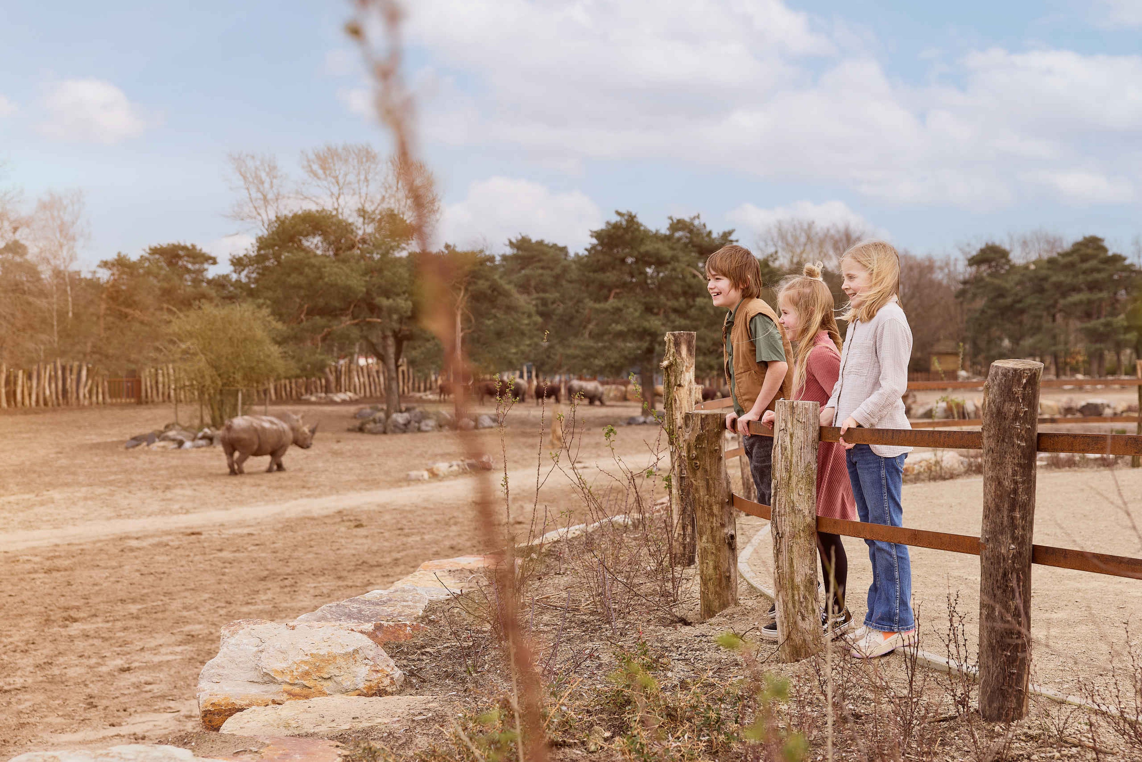 Kinderen bij de neushoorn tijdens een schoolreisje in Safaripark Beekse Bergen
