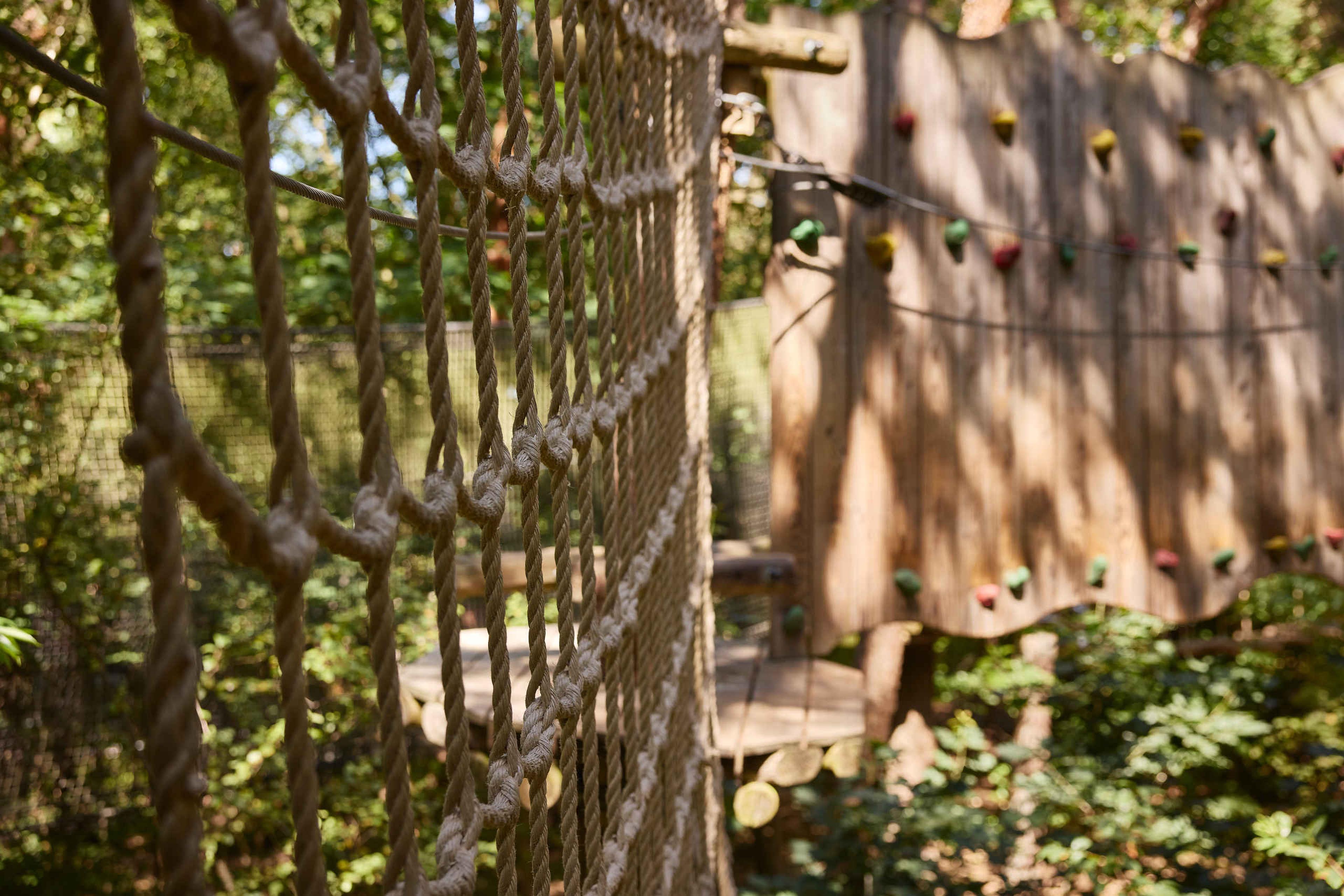 Een net en klimmuur op route 2 van het klimparcours bij Klimrijk Brabant