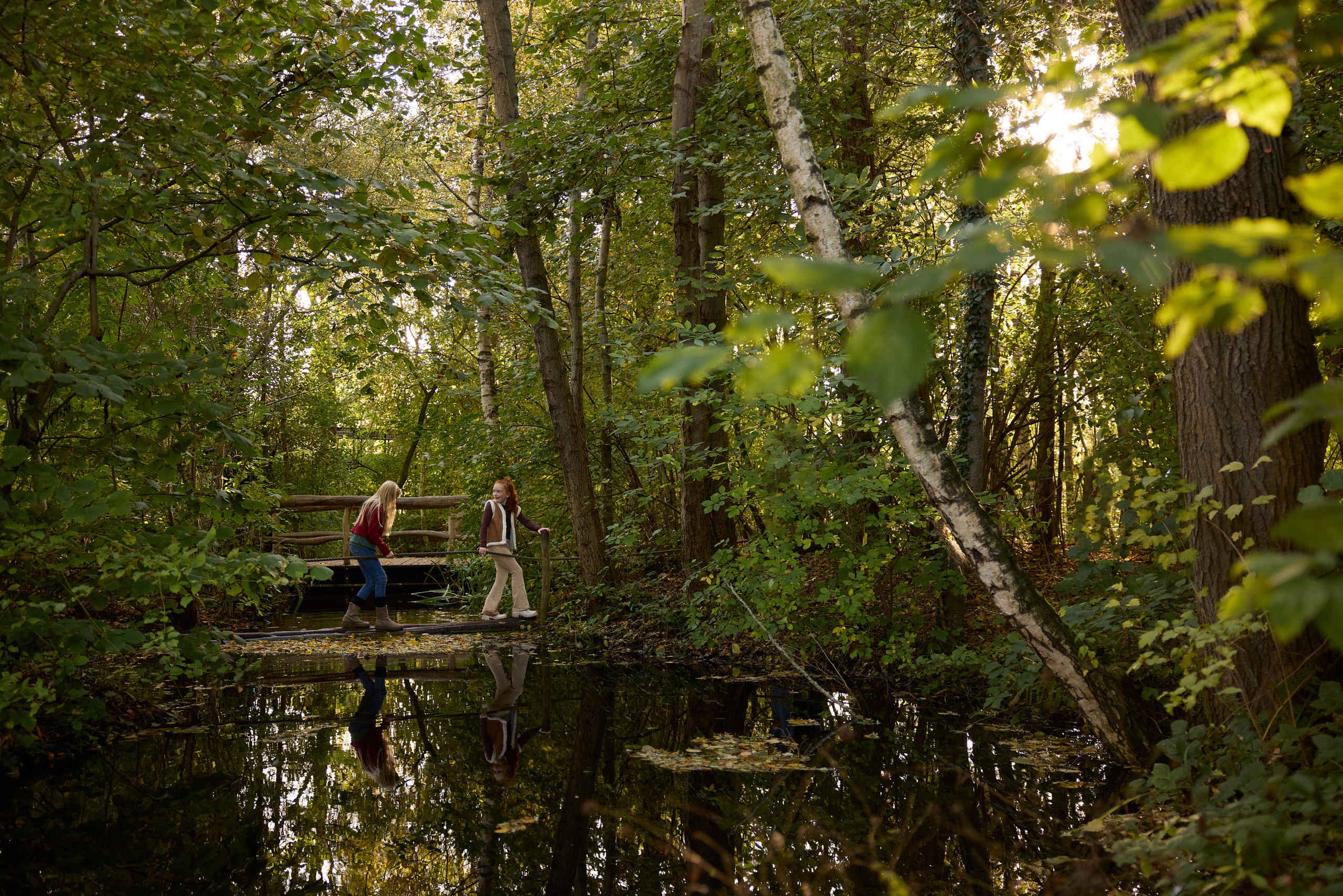 Herfst meiden lopen over een brug met de avonturenroute in AquaZoo Leeuwarden