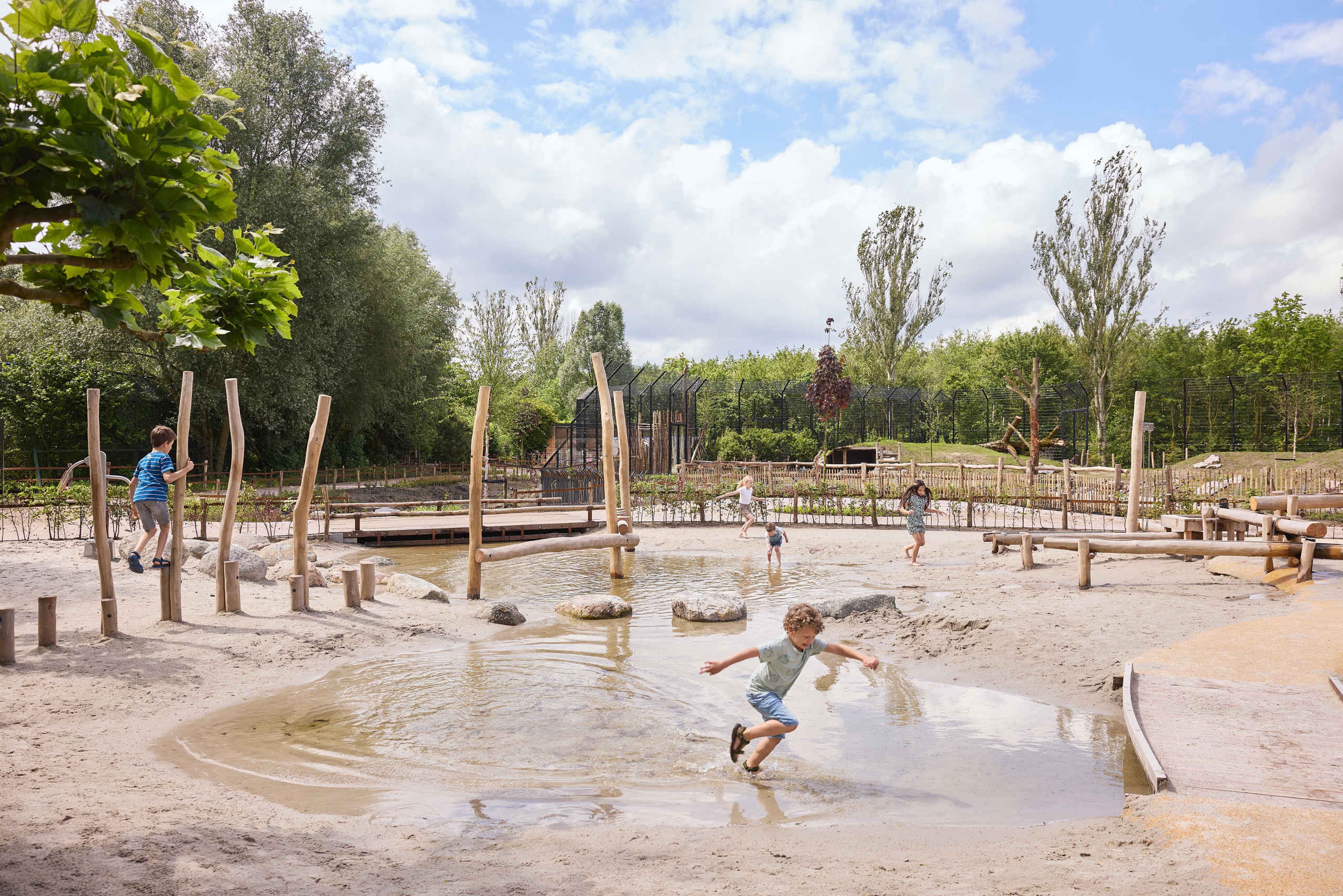 Kinderen spelen en rennen in de waterspeeltuin in Eindhoven Zoo.