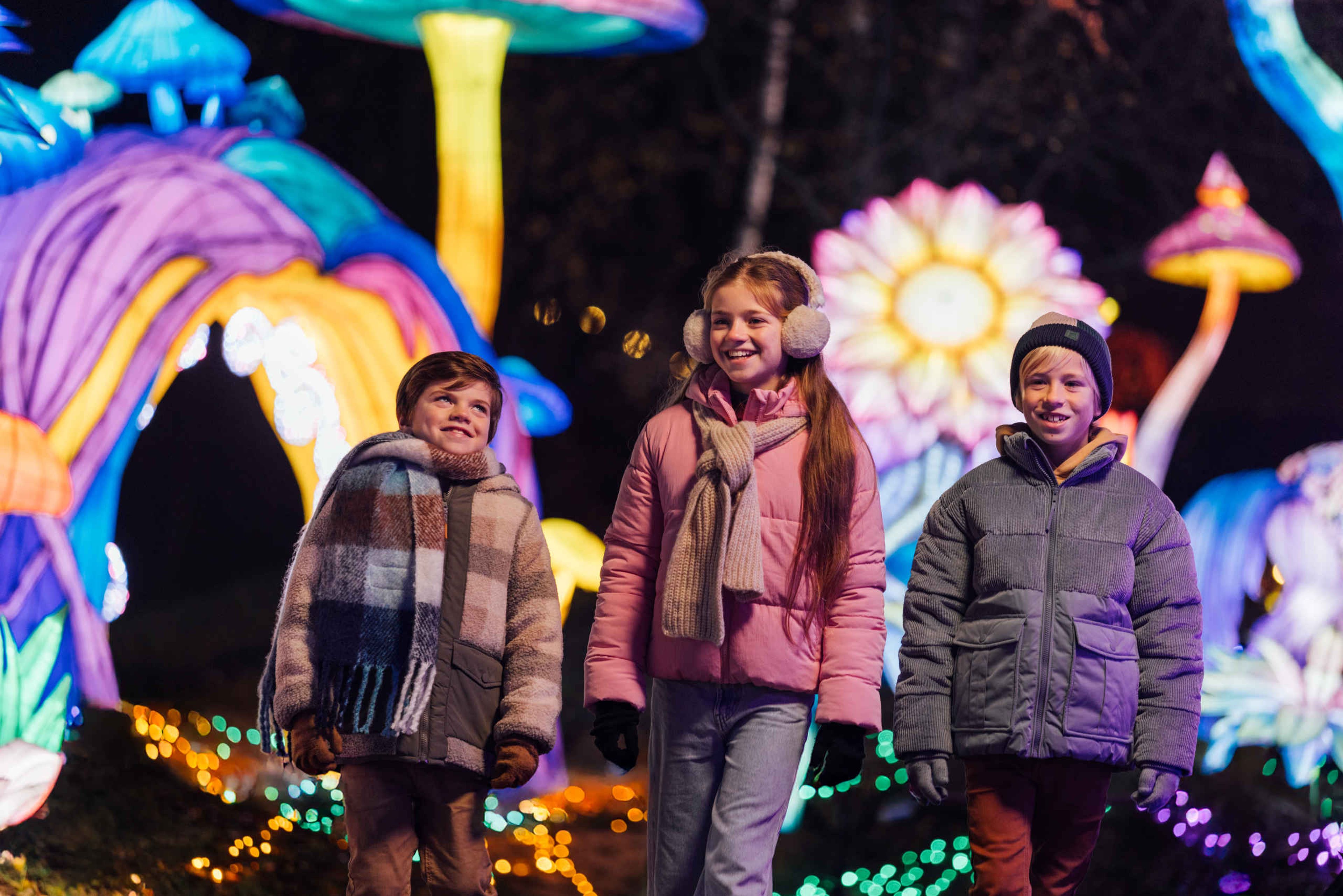 Kinderen wandelen tussen de lichtfiguren tijdens Light Safari Beekse Bergen