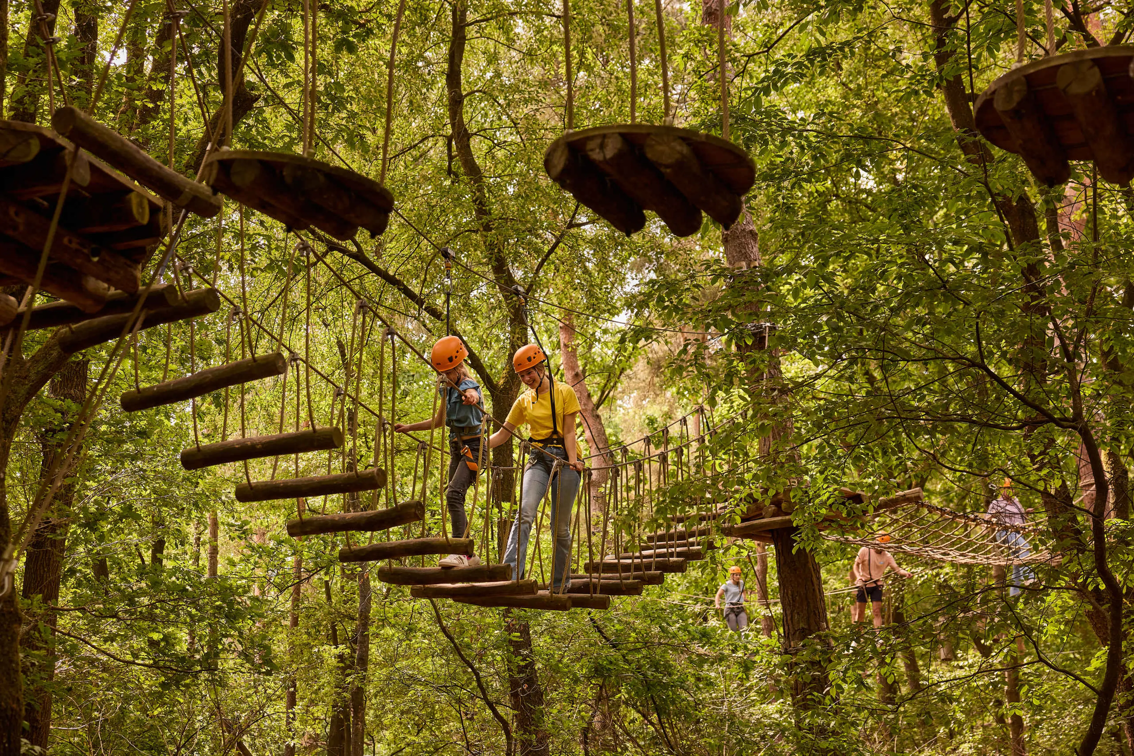 Twee mensen lopen op een loopbrug in het klimparcours van Klimrijk Brabant.
