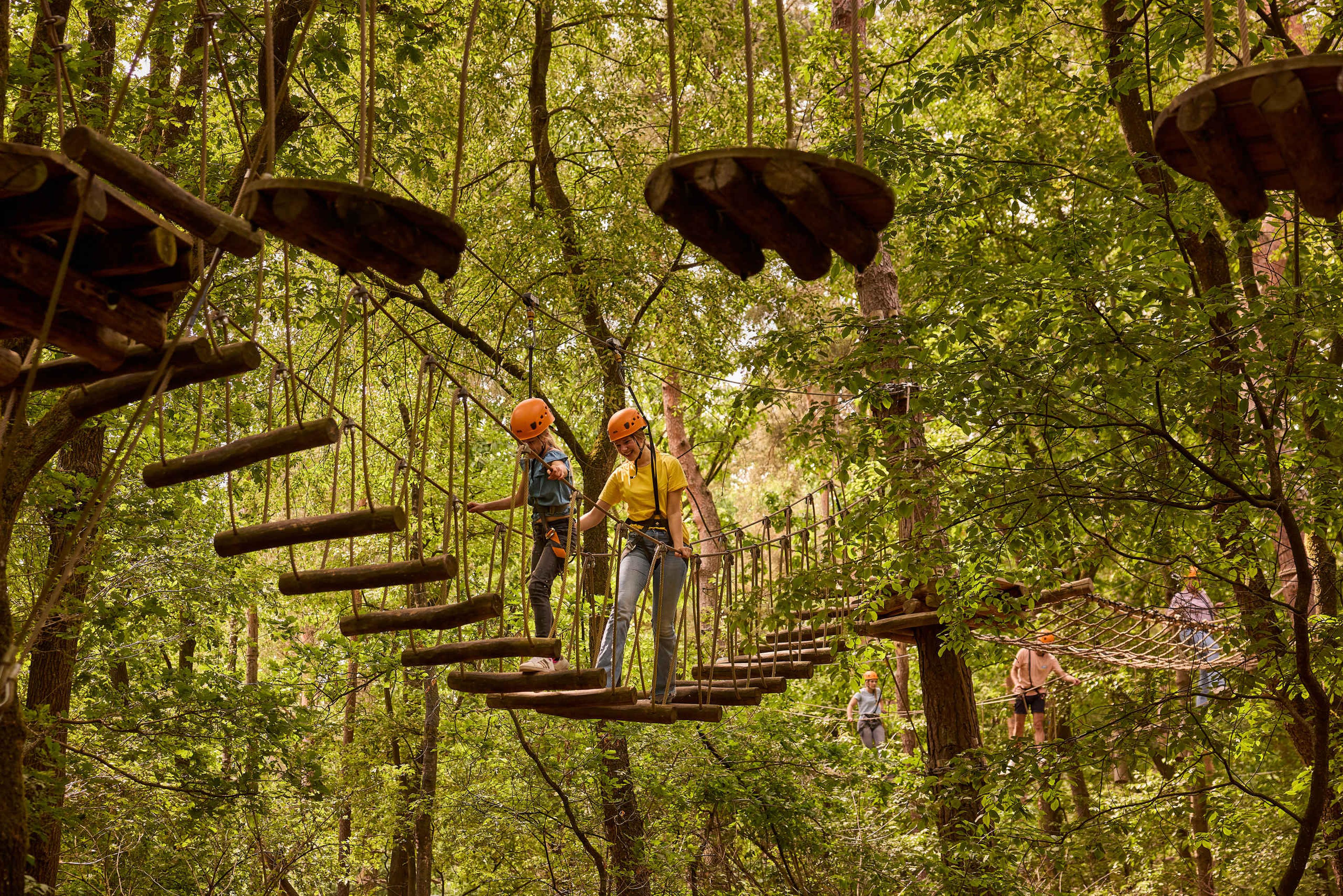 Twee mensen lopen op een loopbrug in het klimparcours van Klimrijk Brabant.