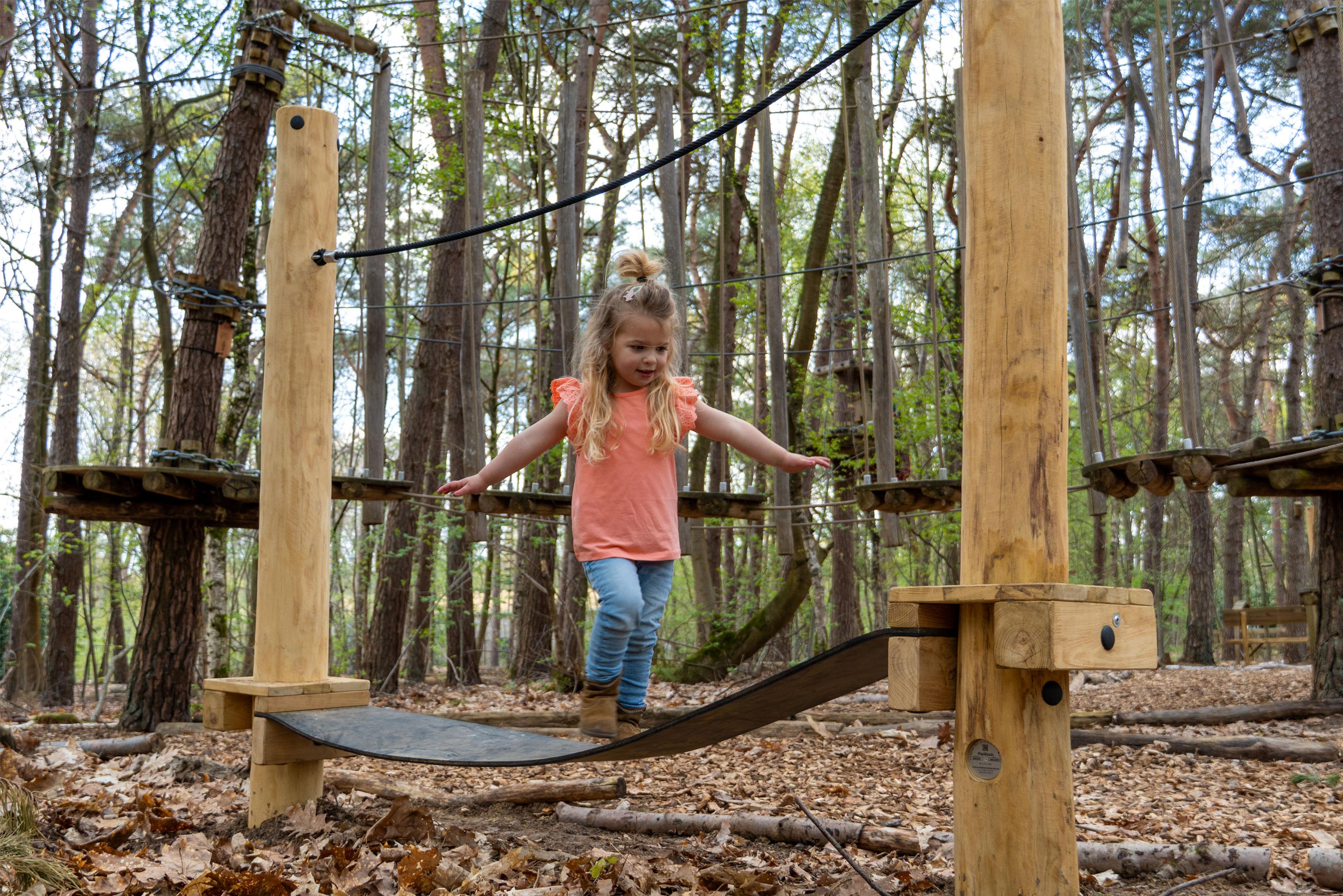 Een meisje balanceert over een hindernis van het Low Rope Parcours bij Klimrijk Brabant