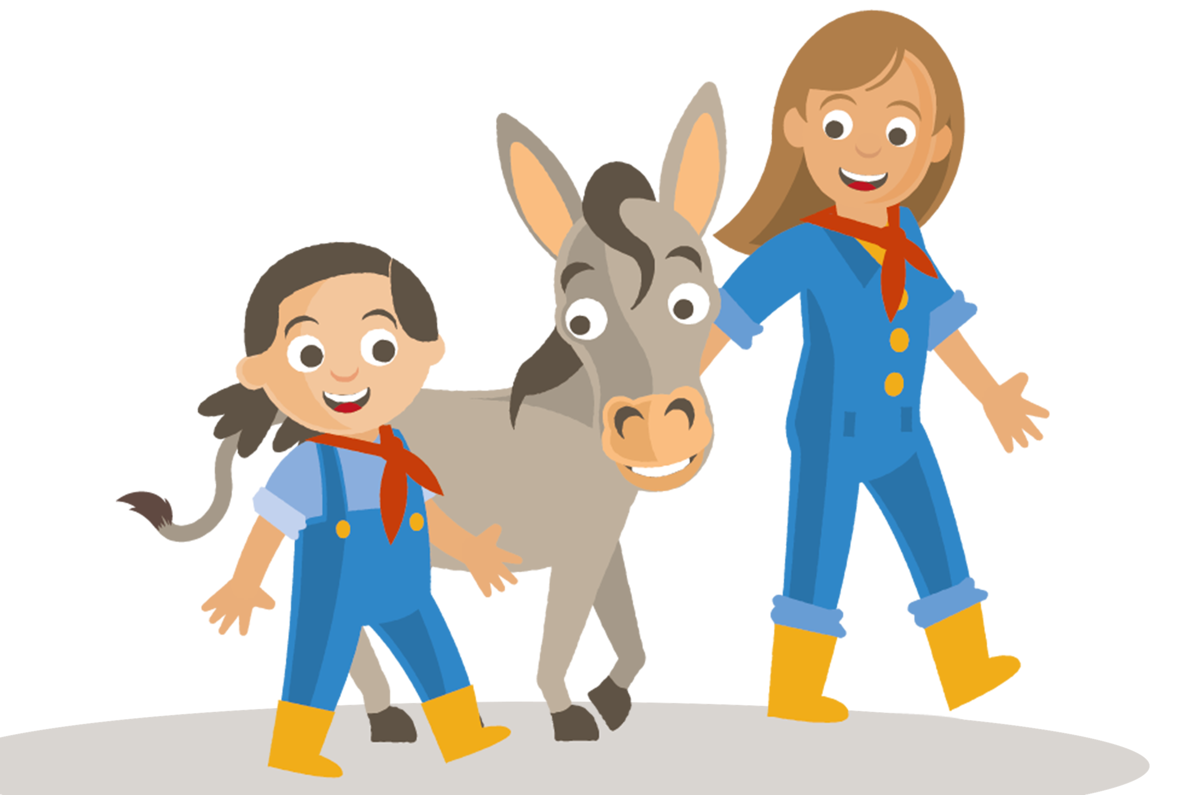 Een illustratie van Bo met een dierenverzorgster en ezel bij Vakantiepark Dierenbos.