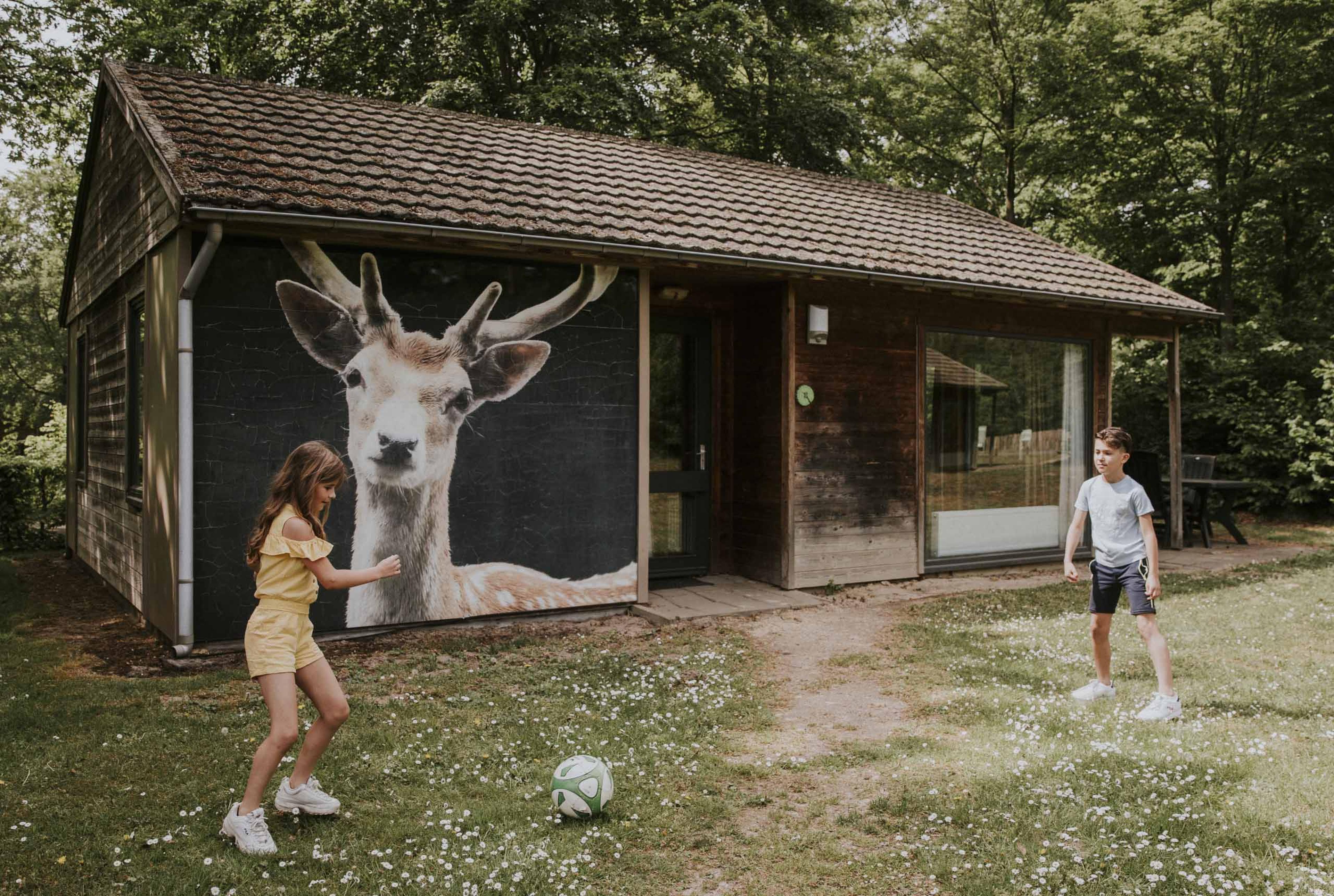 Kinderen aan het voetballen voor Bungalow Damhert op Vakantiepark Dierenbos