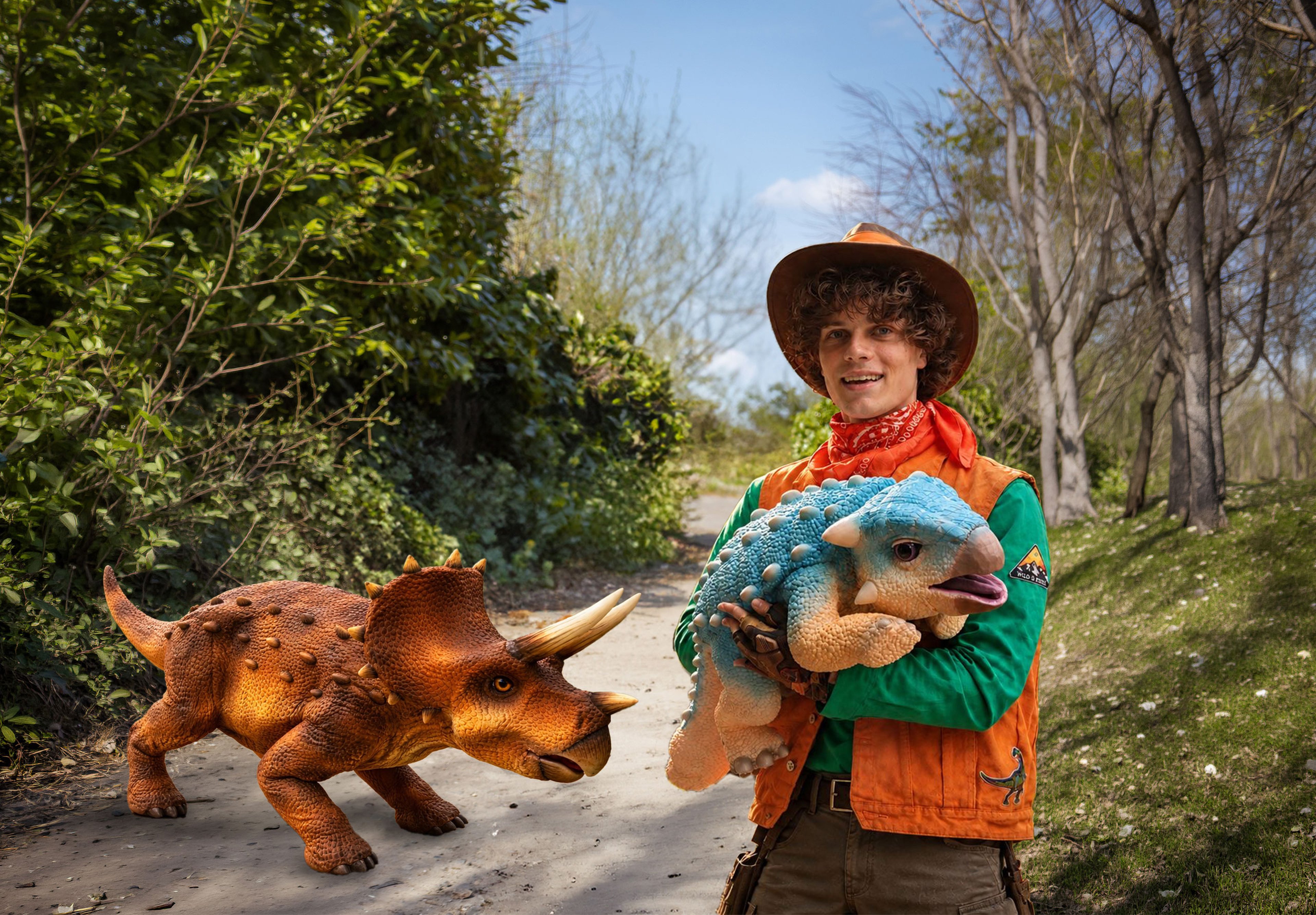 De Dino ranger met baby dino en de robotdinosaurus triceratops in ZooParc Overloon