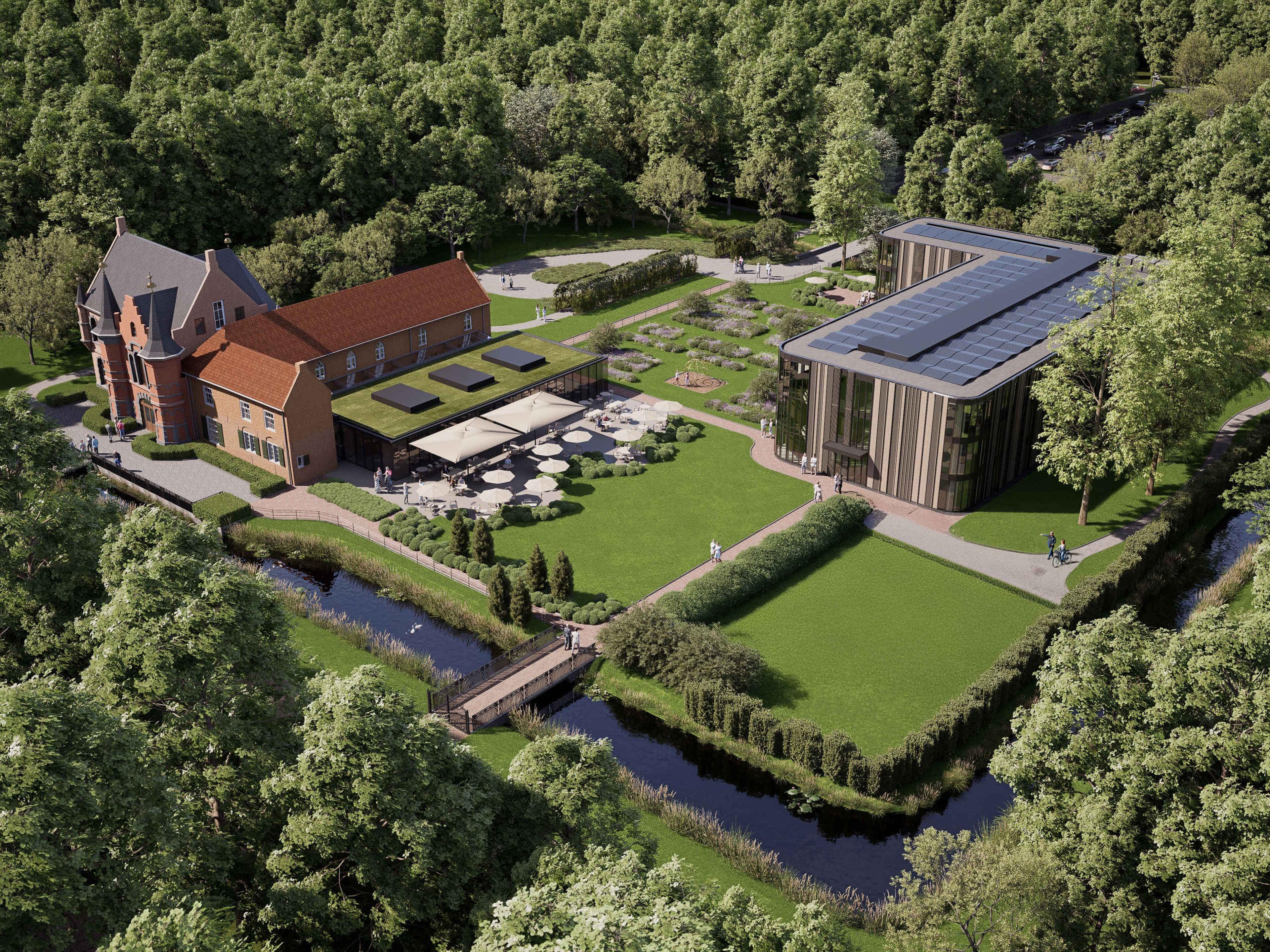 Overzichtsfoto het bovenaanzicht van buitenaf een render van Kasteel Steenenburg