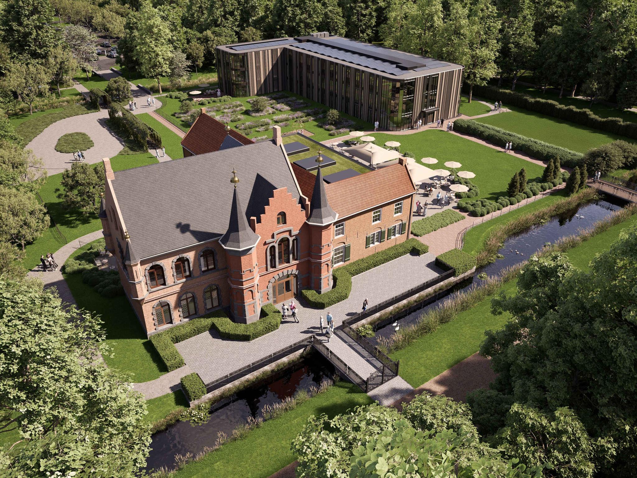 Overzichtsfoto bovenaanzicht render van het hotel en Kasteel Steenenburg