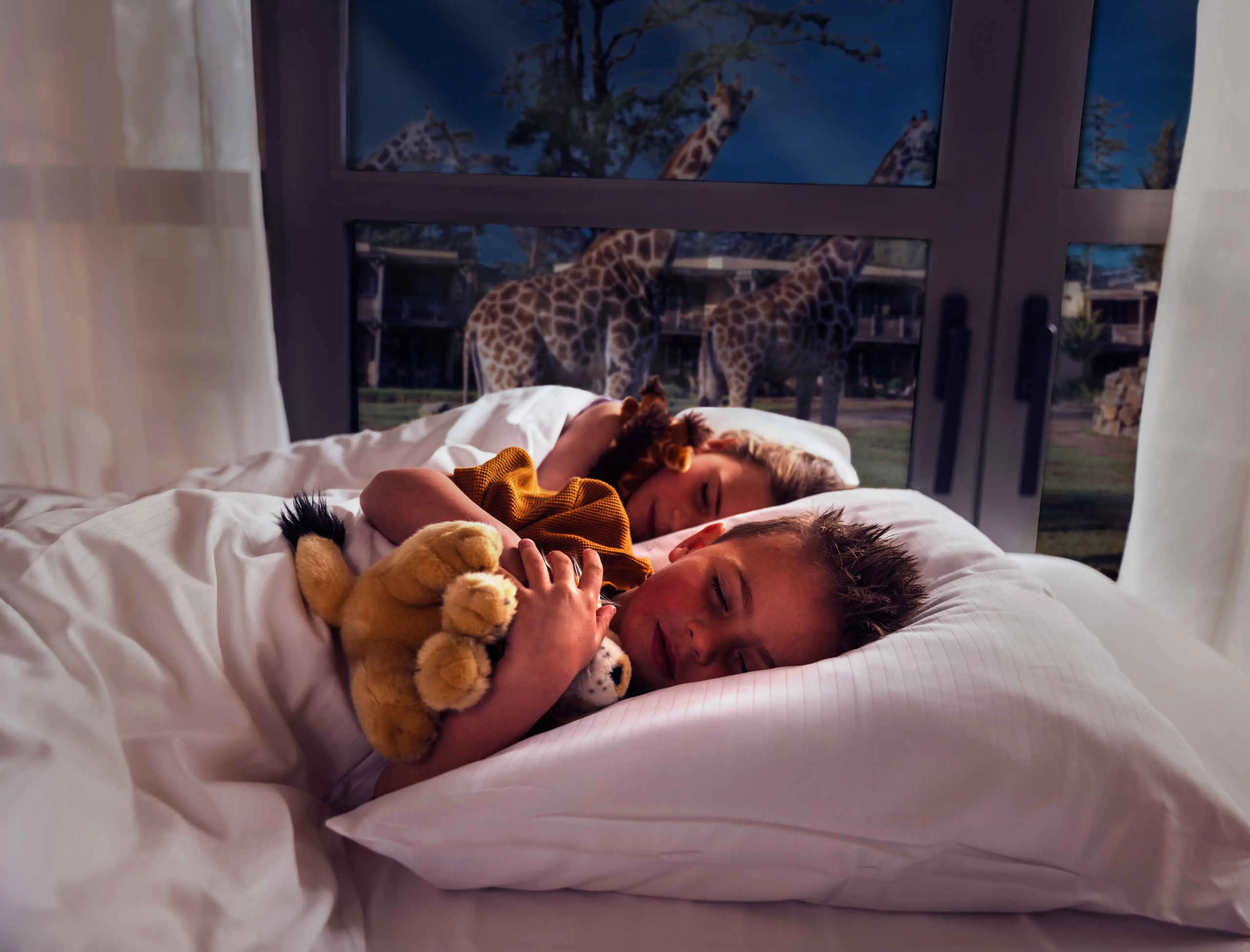 Twee kinderen liggen te slapen in een bed met uitzicht op de giraffen bij het Safari Hotel Beekse Bergen.