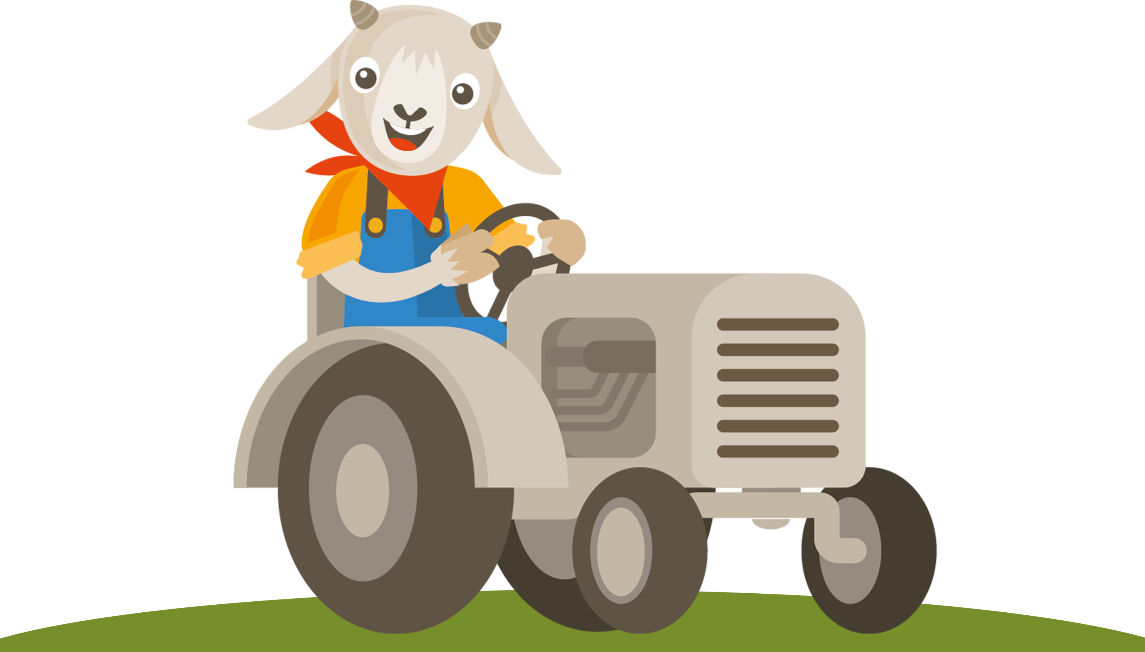 Een illustratie van Guus de geit op een tractor bij Vakantiepark Dierenbos.