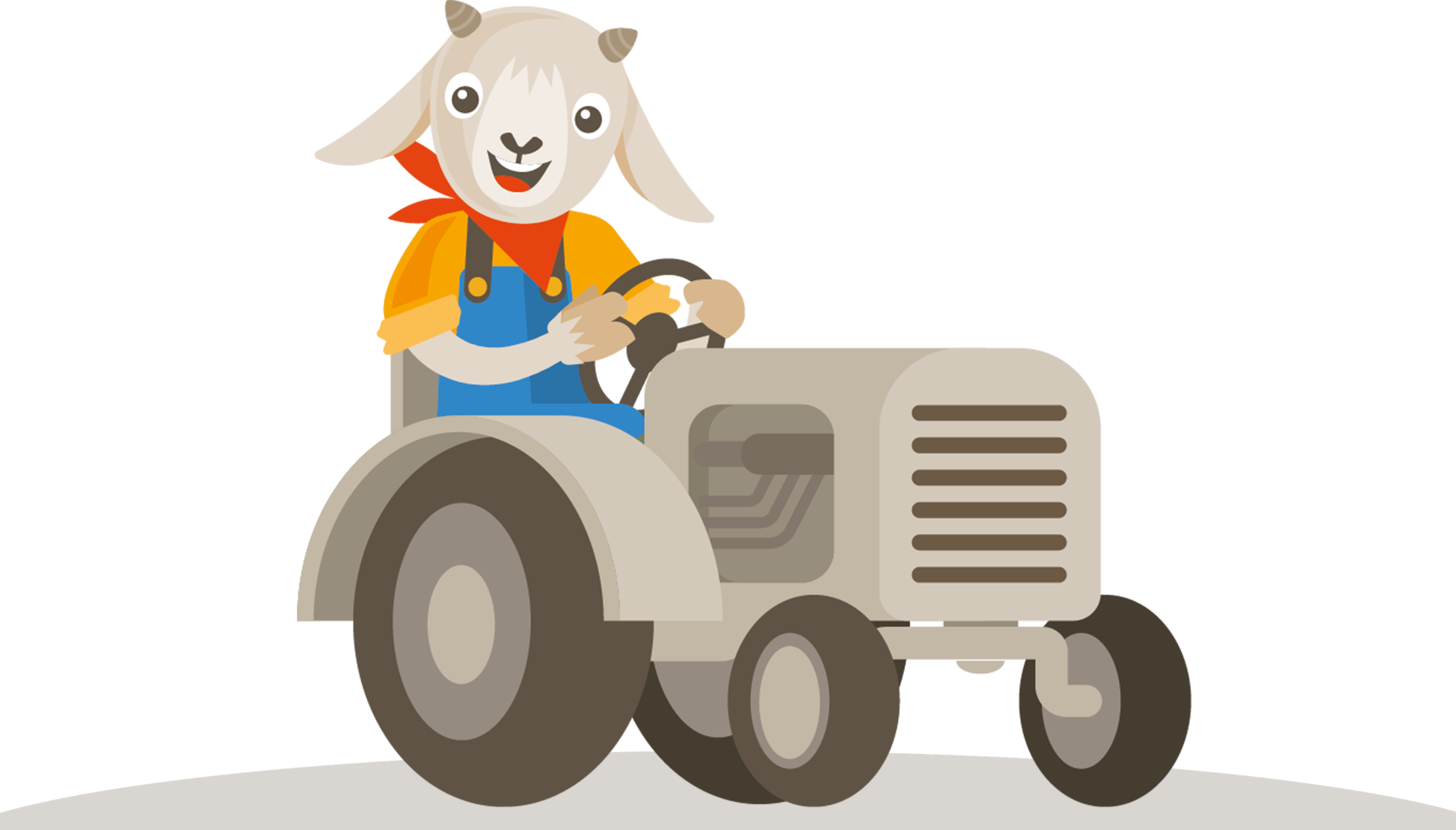 Een illustratie van Guus de geit op een tractor bij Vakantiepark Dierenbos.
