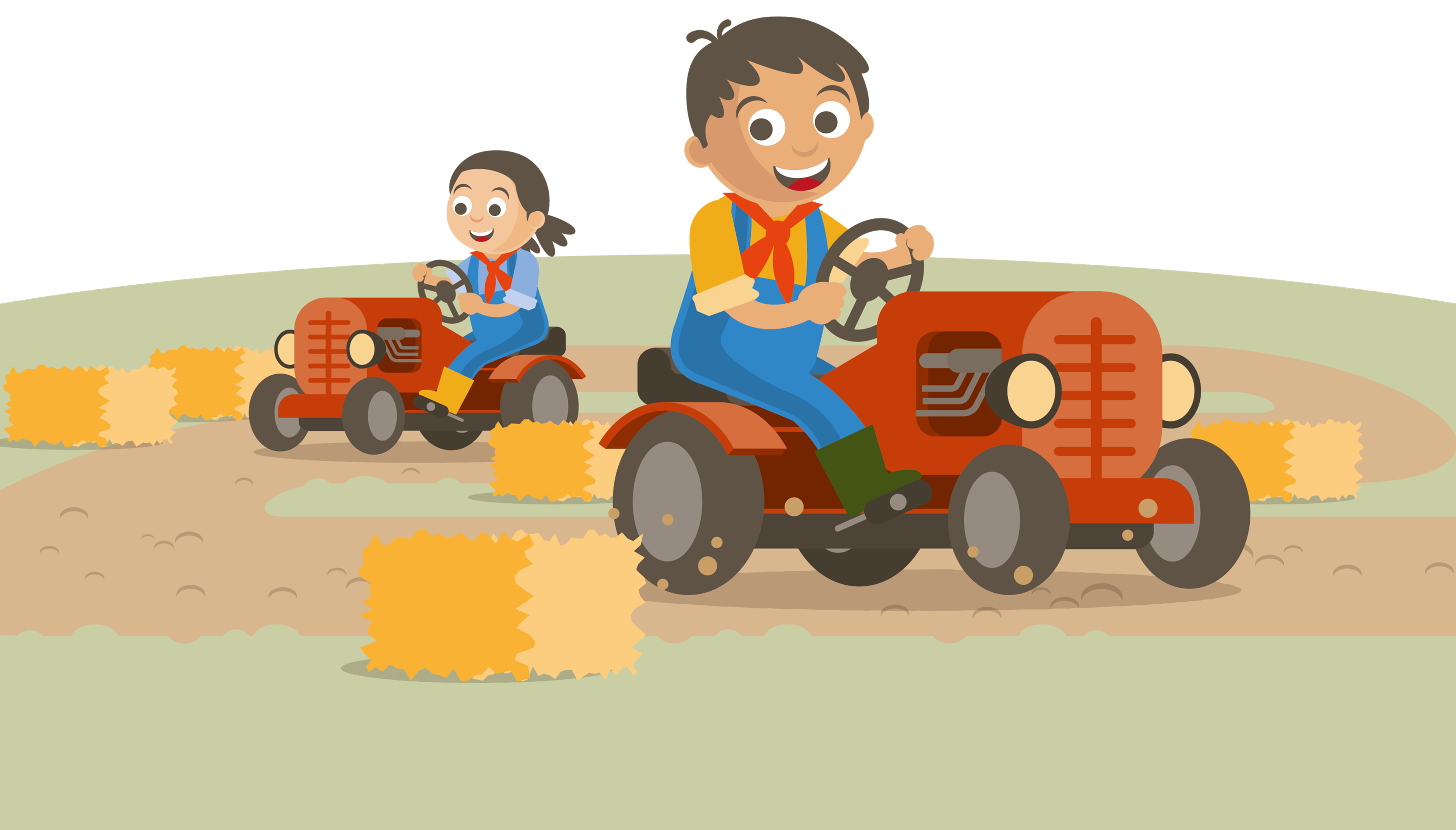 Een illustratie van Bo en een jongen die op een tractor door het veld rijden bij Vakantiepark Dierenbos.