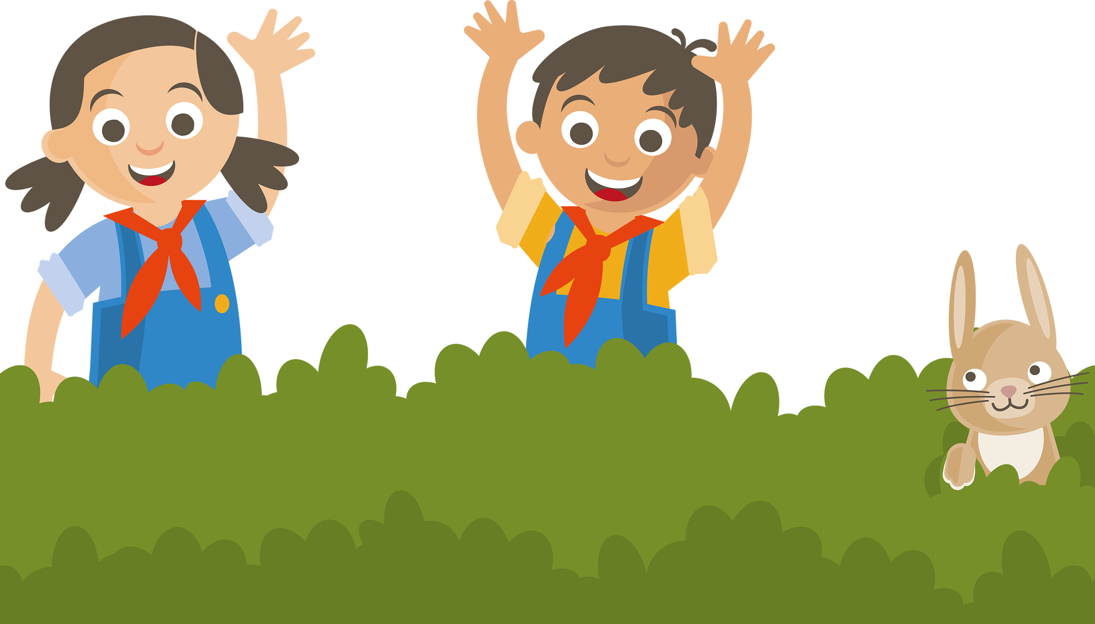 Een illustratie van Bo en een jongen die met konijn spelen bij Vakantiepark Dierenbos.