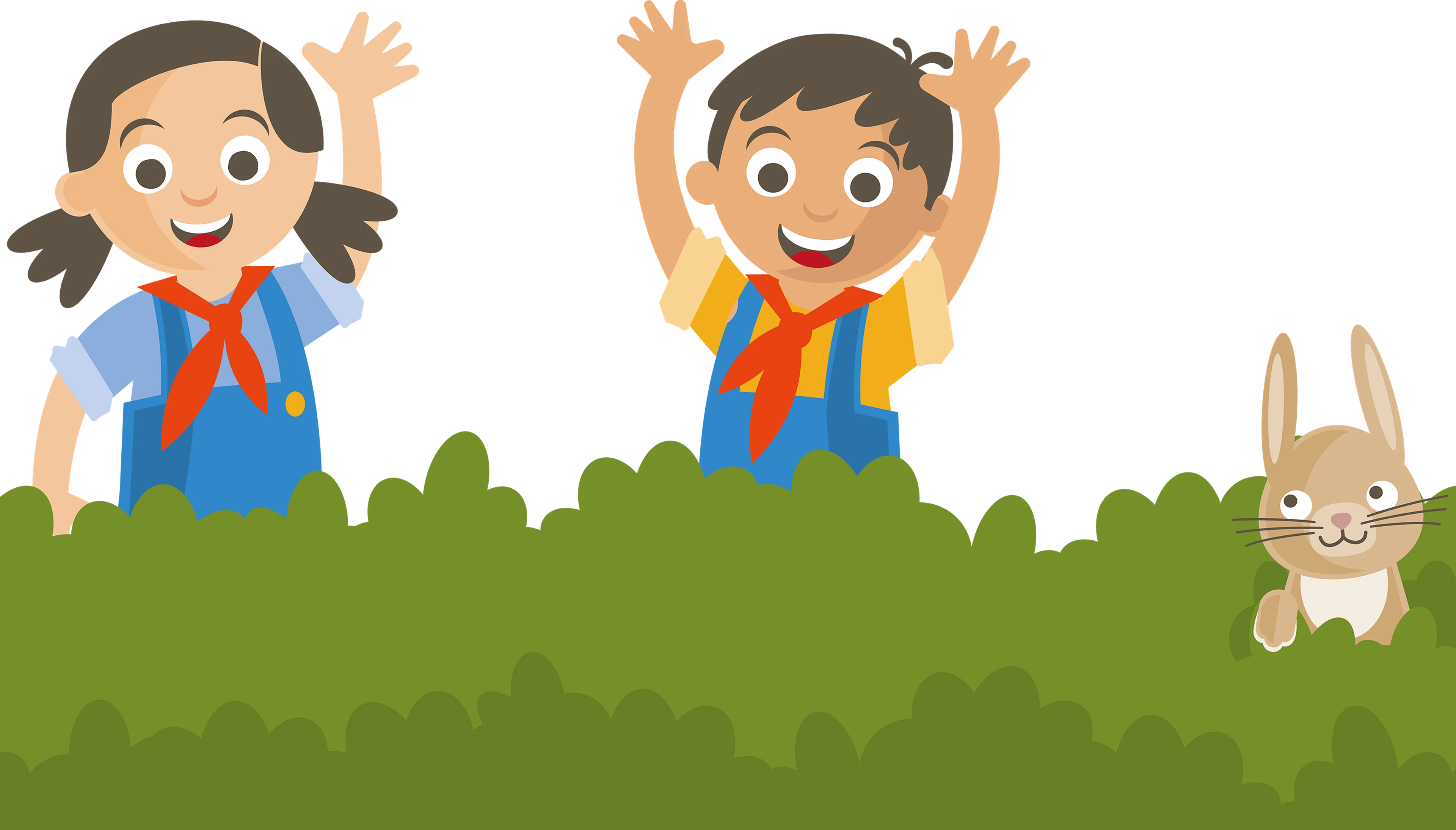 Een illustratie van Bo en een jongen die met konijn spelen bij Vakantiepark Dierenbos.