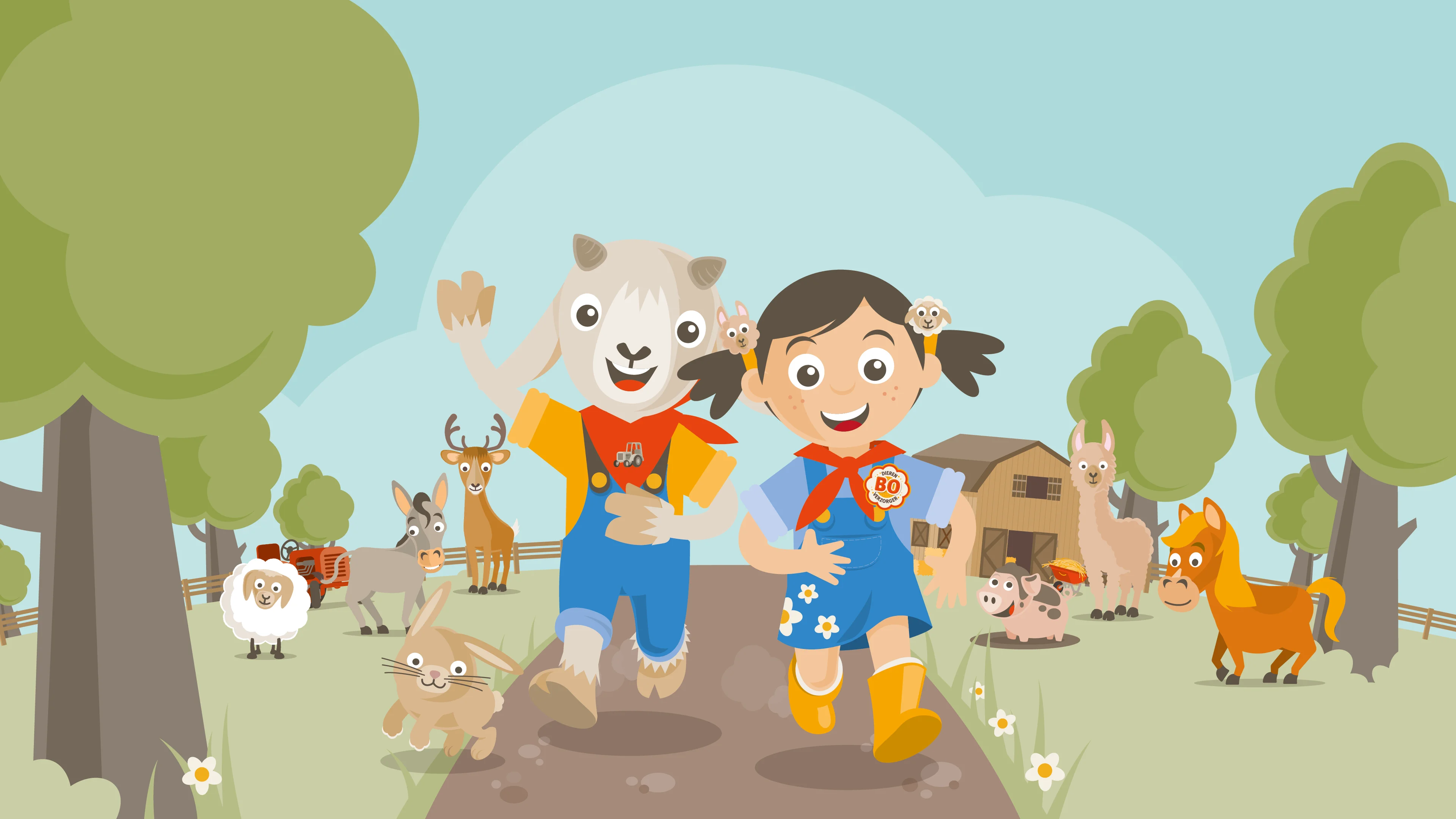 Een illustratie van Bo en Guus van Bo en de Beestenbende bij Vakantiepark Dierenbos.
