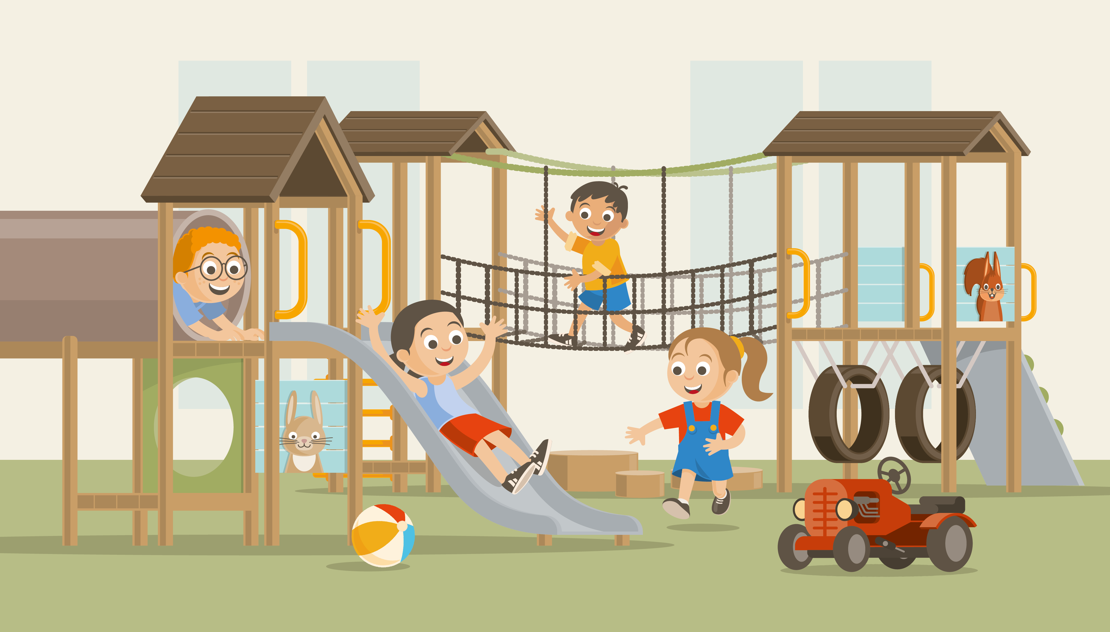 Een illustratie van vier kinderen in de binnenspeeltuin bij Vakantiepark Dierenbos.