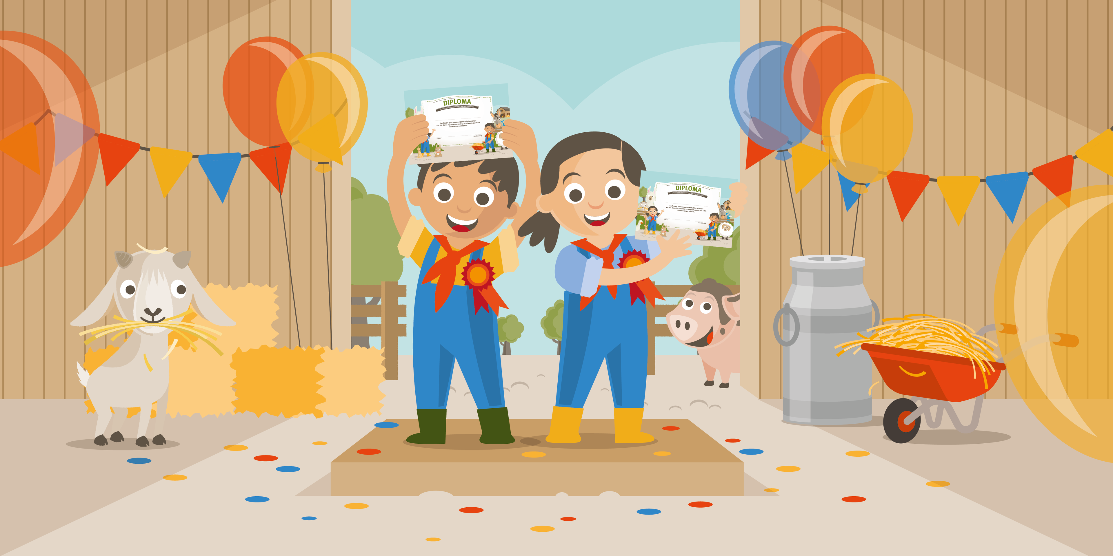 Een illustratie van de feestelijke huldiging tot dierenverzorgers bij Vakantiepark Dierenbos.