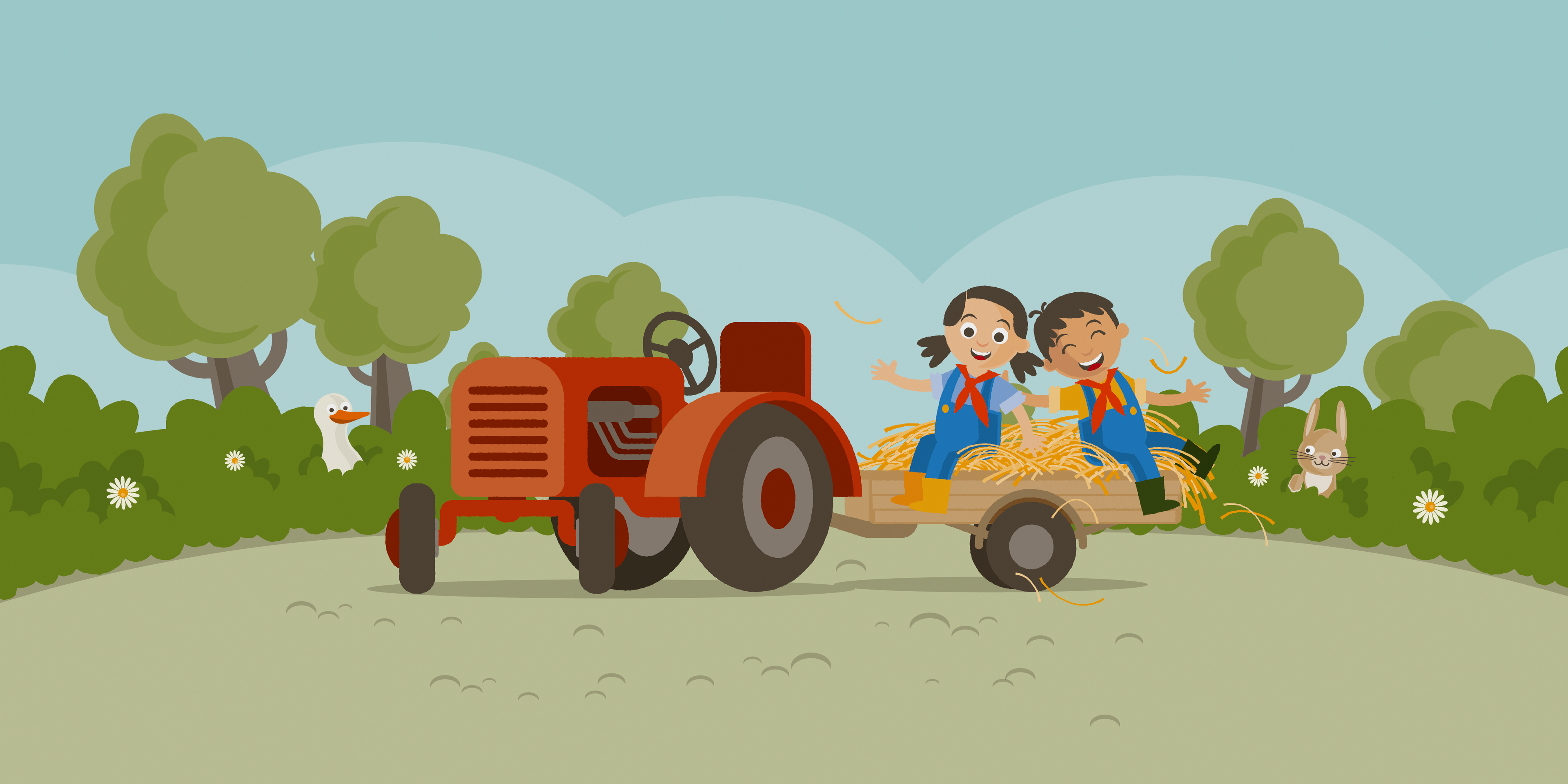 Een illustratie van twee kinderen op de boerderij bij Vakantiepark Dierenbos.