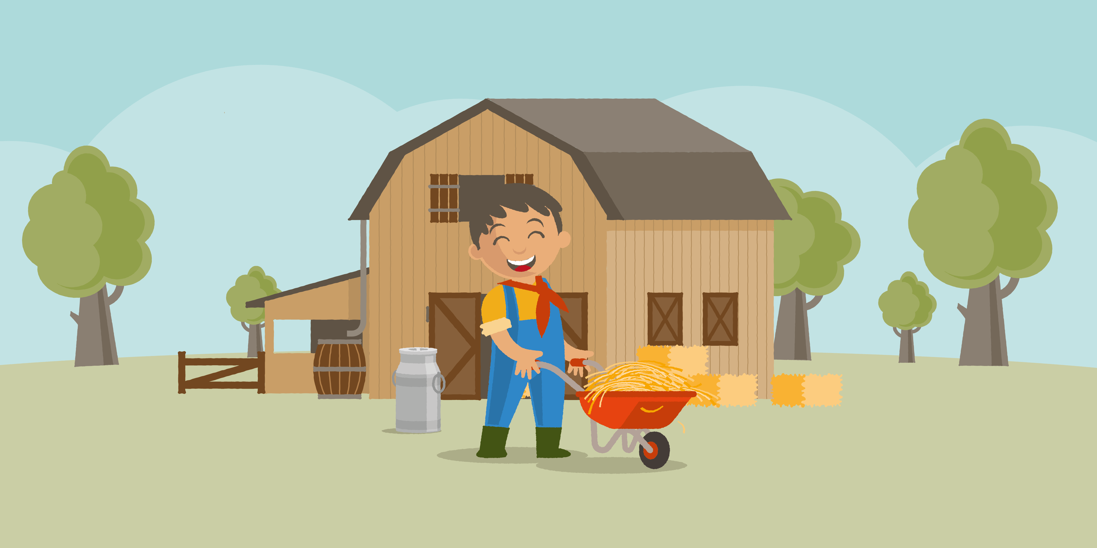 Een illustratie van een jongen op de boerderij bij Vakantiepark Dierenbos.