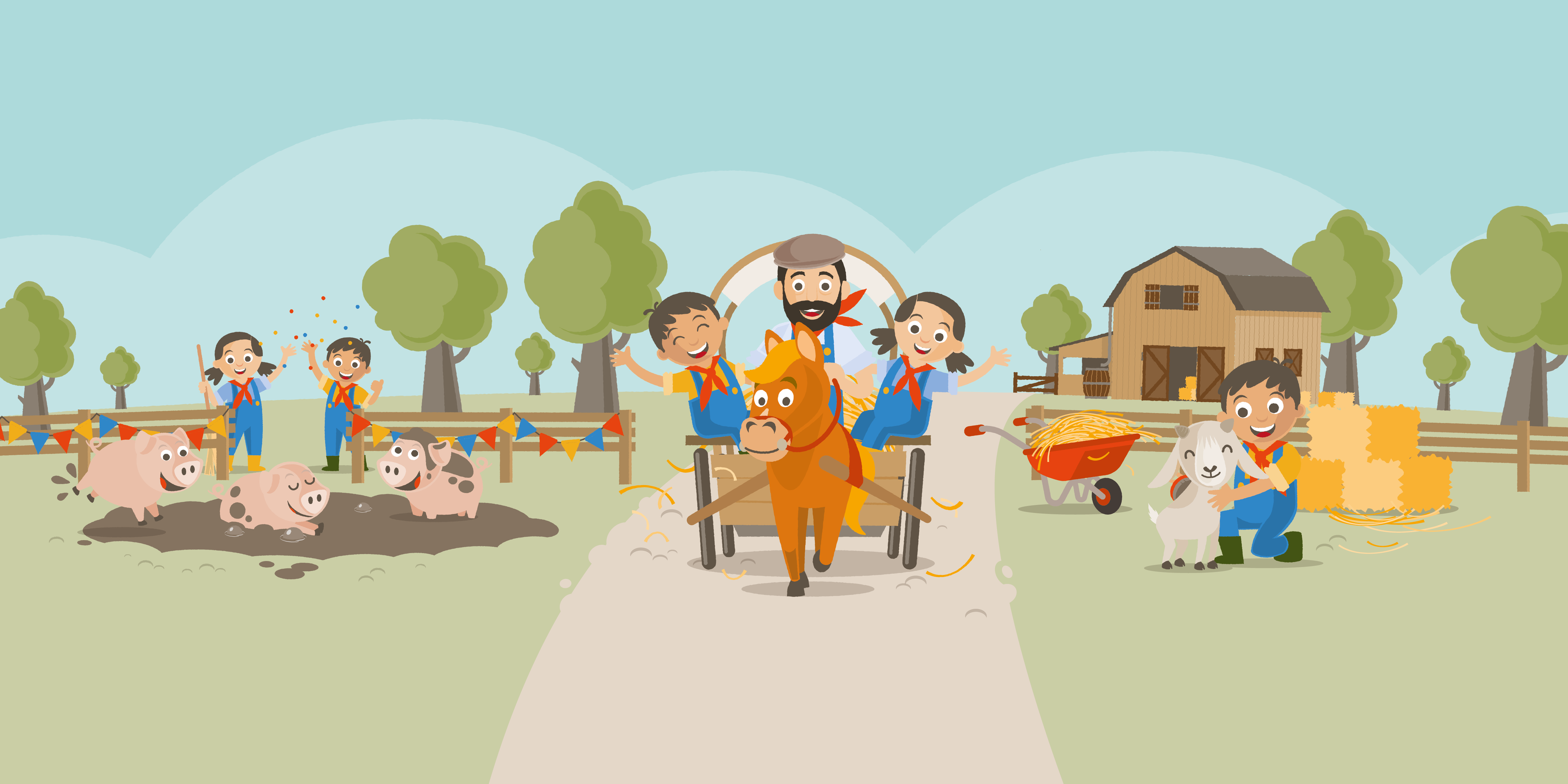 Panorama illustratie van de boerderijdagen van Vakantiepark Dierenbos