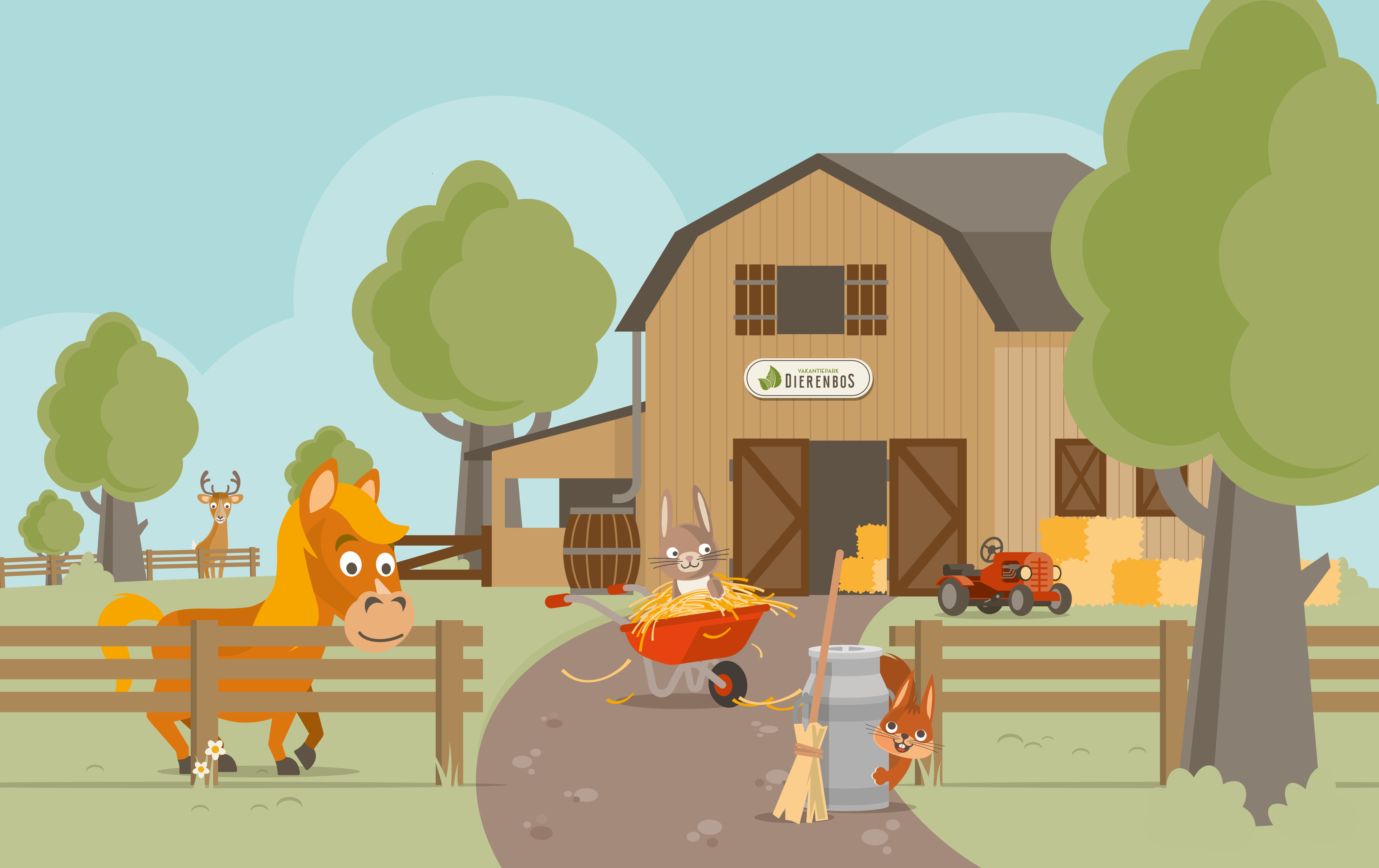 Een illustratie van een boerderij met dierenvriendjes bij Vakantiepark Dierenbos.