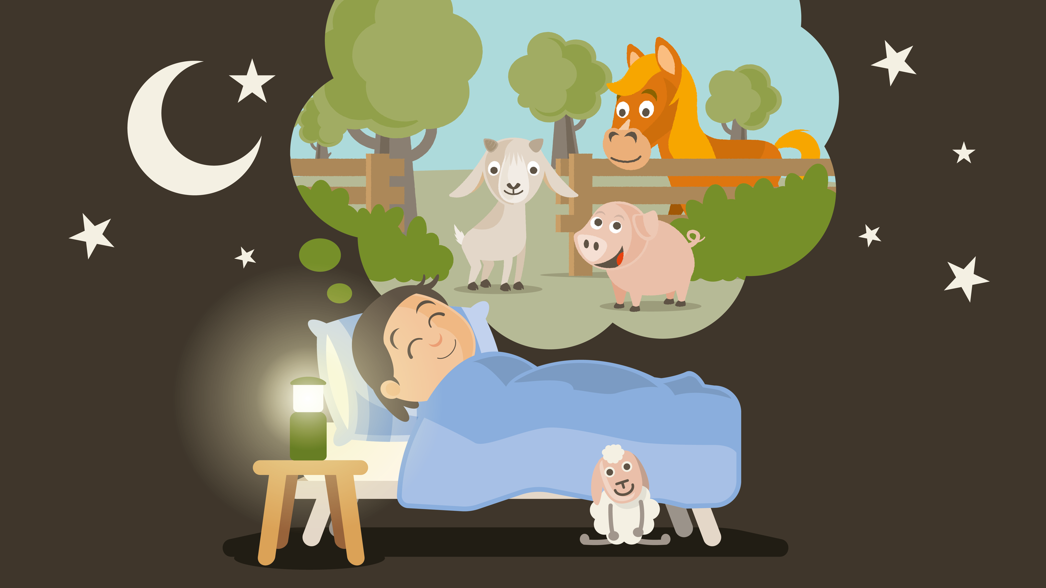 Een illustratie van een kind dat droomt over de boerderijdieren bij Vakantiepark Dierenbos.