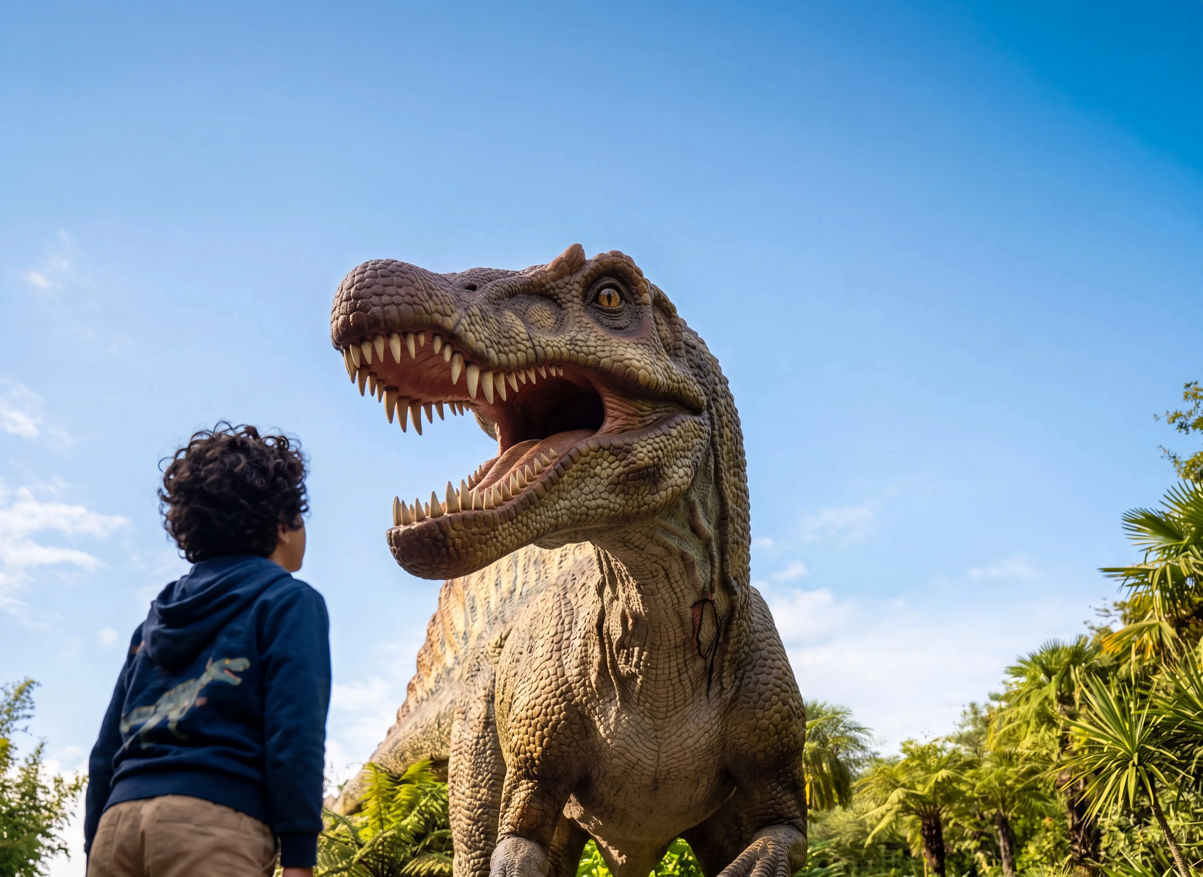 Een kind voor een grote dinosaurus tijdens de Dino Weken bij ZooParc Overloon