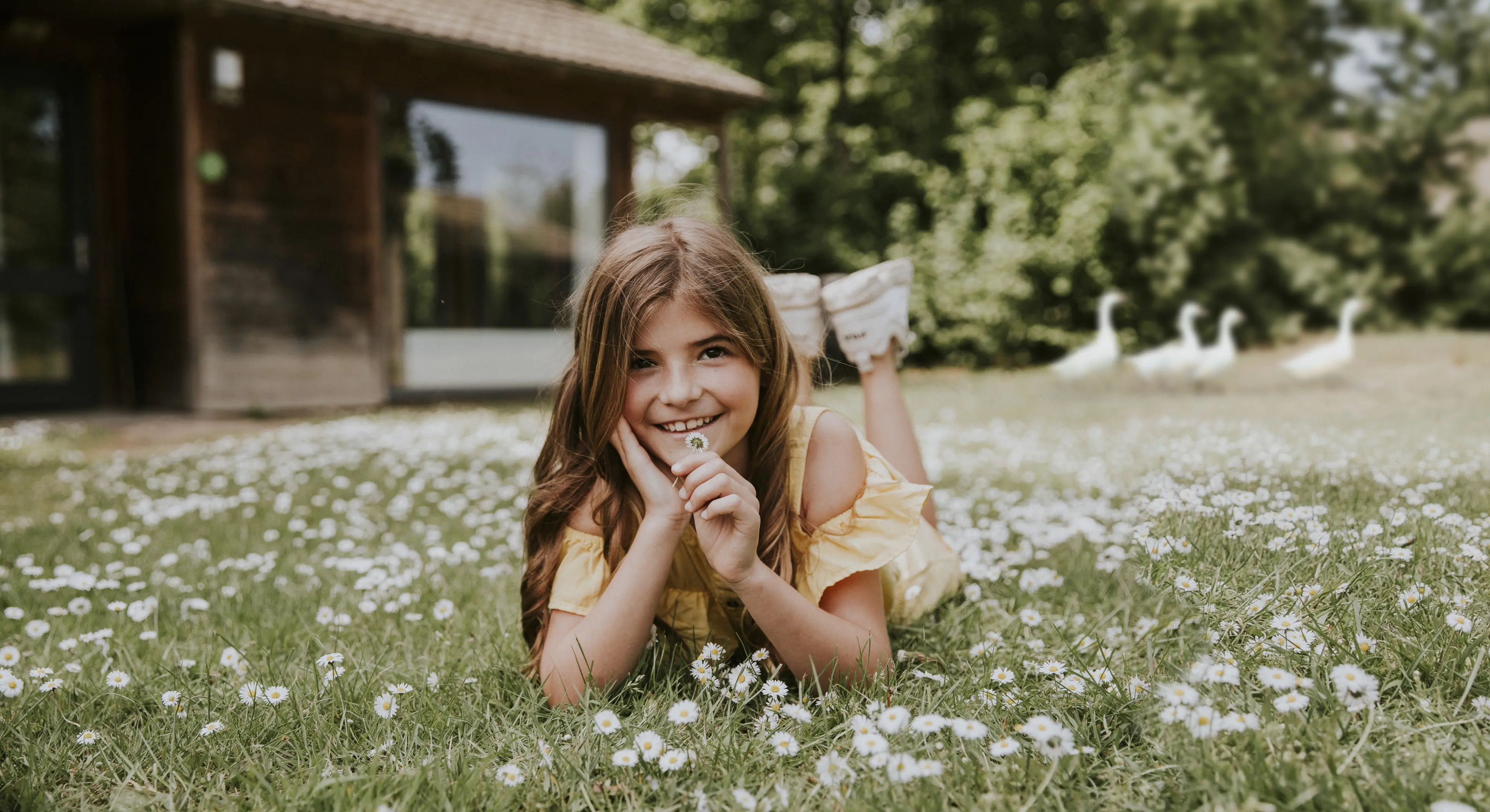 Meisje ligt op het gras tussen de bloemetjes en ganzen op Vakantiepark Dierenbos